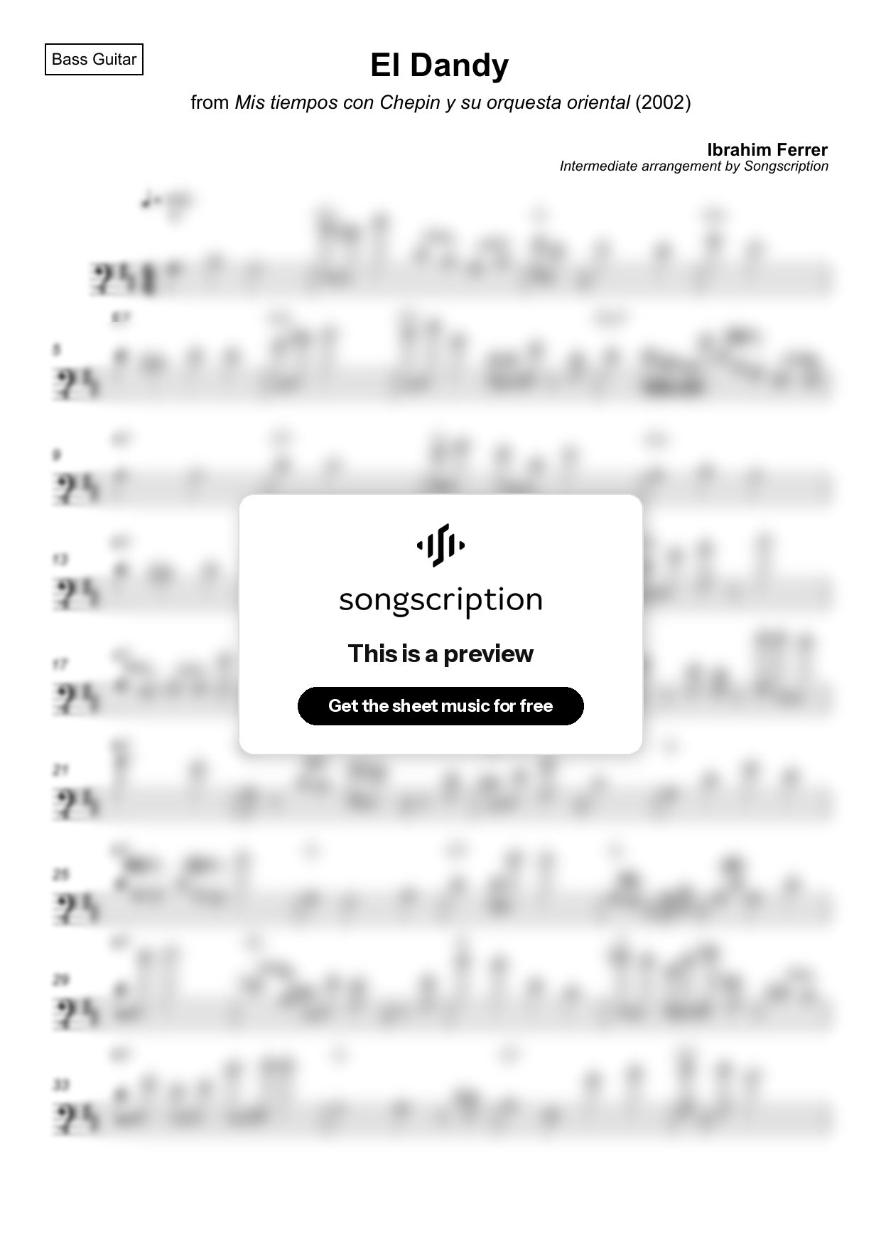 Intermediate Bass Guitar Sheet Music for "El Dandy" by Ibrahim Ferrer