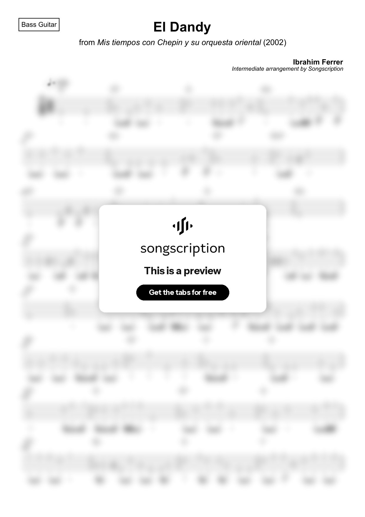Intermediate Bass Guitar Tabs for "El Dandy" by Ibrahim Ferrer