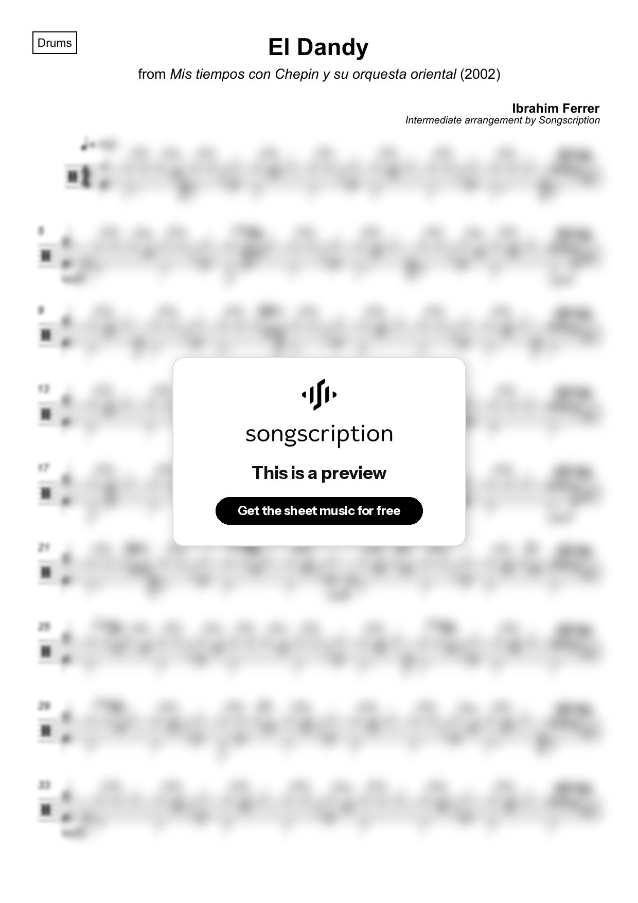 Intermediate Drums Sheet Music for "El Dandy" by Ibrahim Ferrer