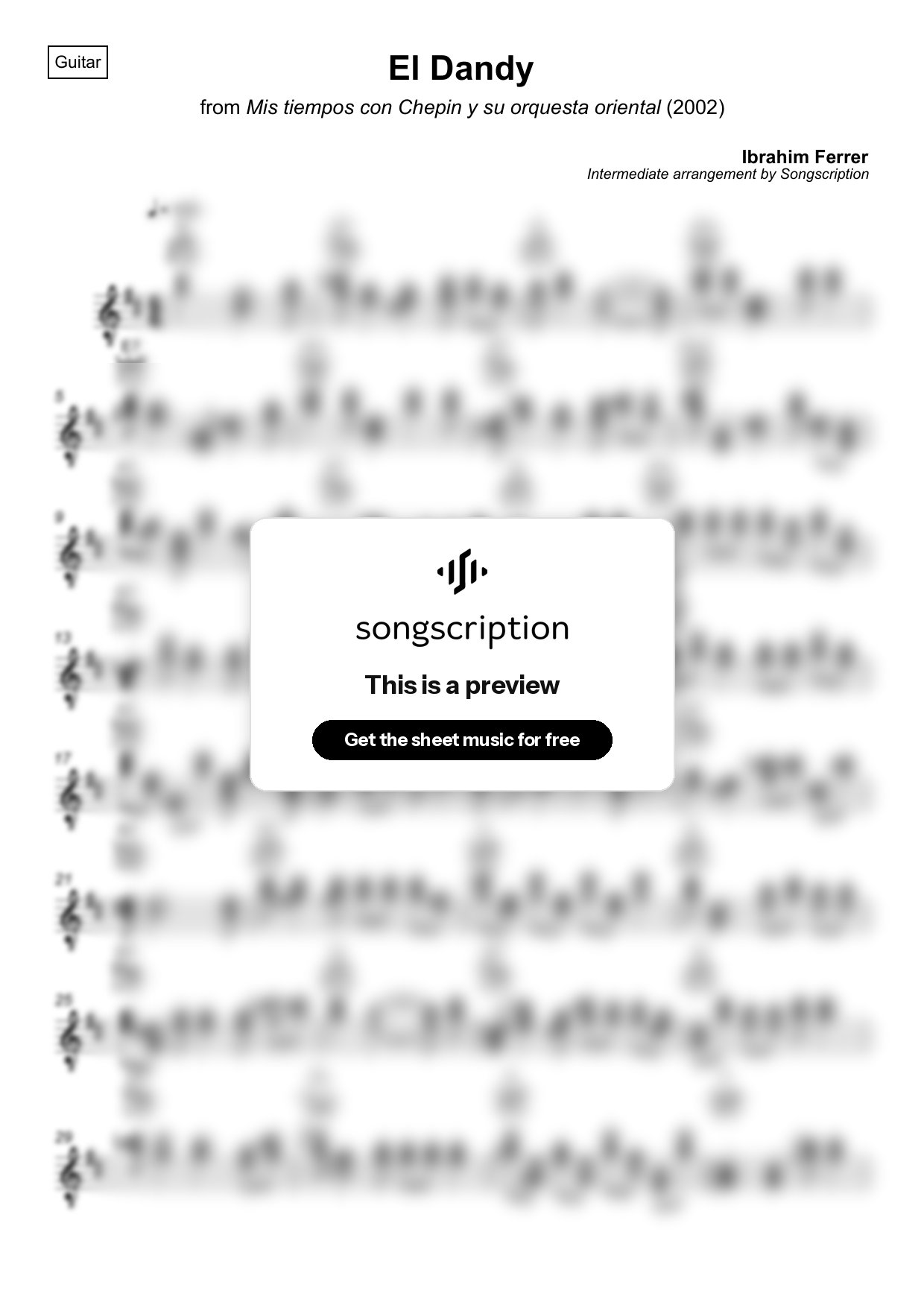 Intermediate Acoustic Guitar Sheet Music for "El Dandy" by Ibrahim Ferrer