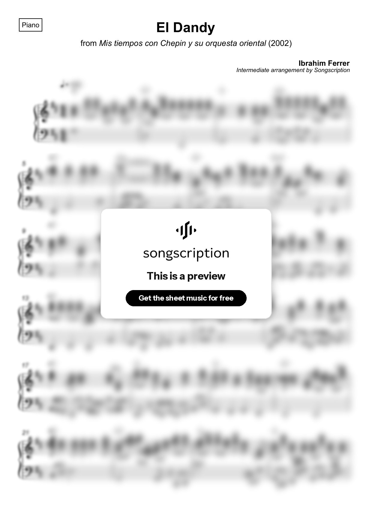 Intermediate Piano Sheet Music for "El Dandy" by Ibrahim Ferrer