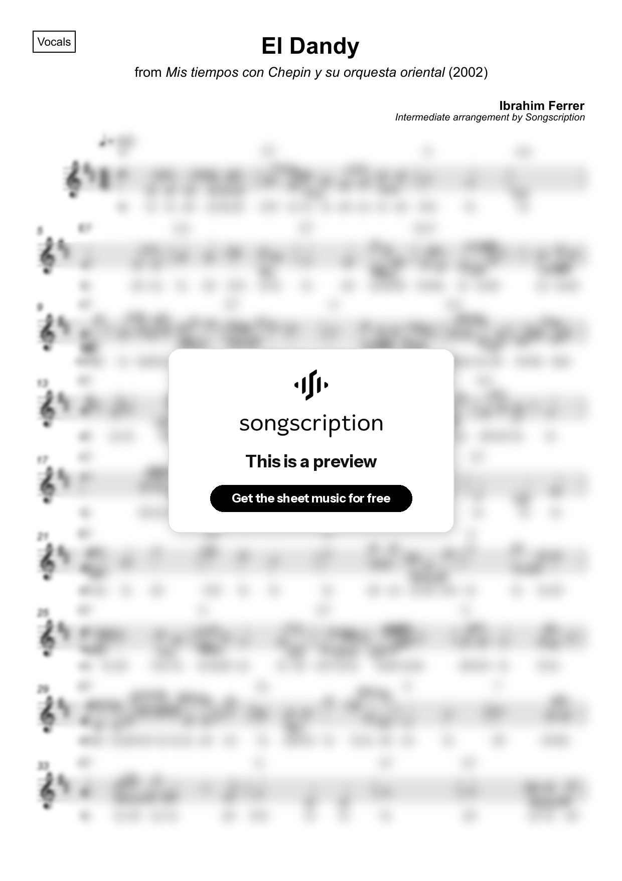Intermediate Vocals Sheet Music for "El Dandy" by Ibrahim Ferrer
