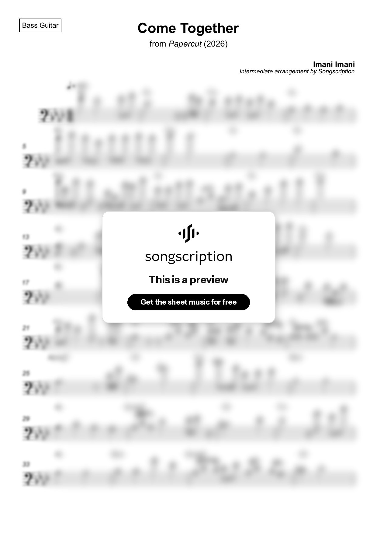 Intermediate Bass Guitar Sheet Music for "Come Together" by Imani Imani