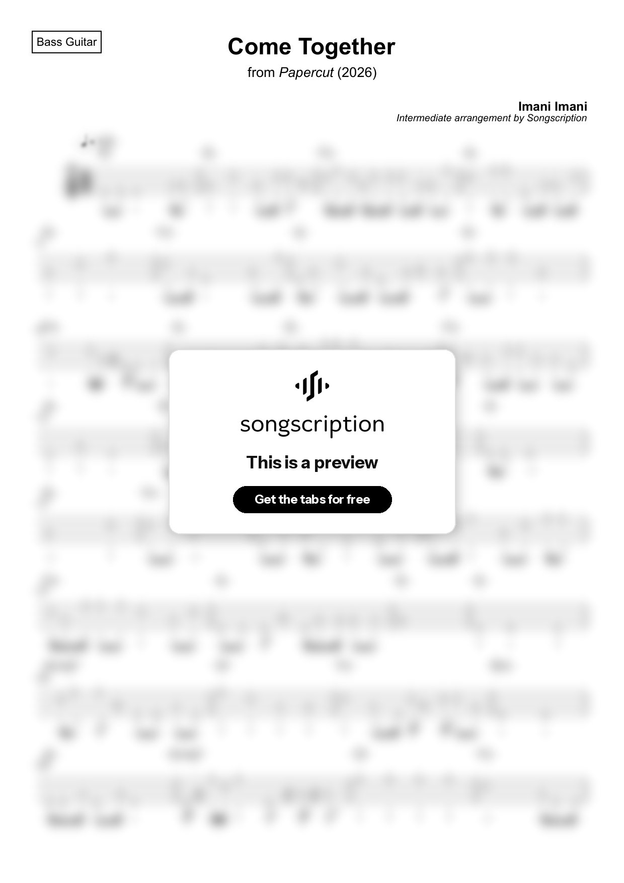 Intermediate Bass Guitar Tabs for "Come Together" by Imani Imani
