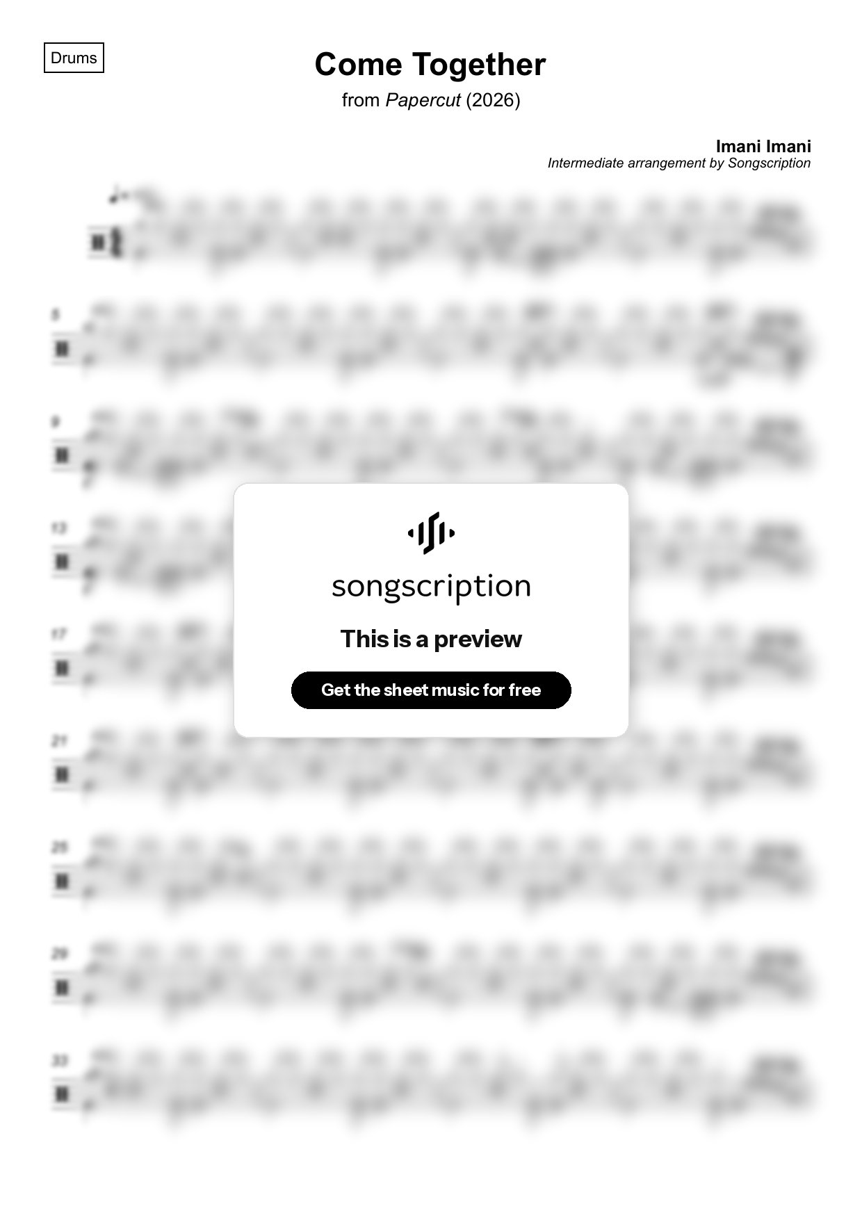 Intermediate Drums Sheet Music for "Come Together" by Imani Imani