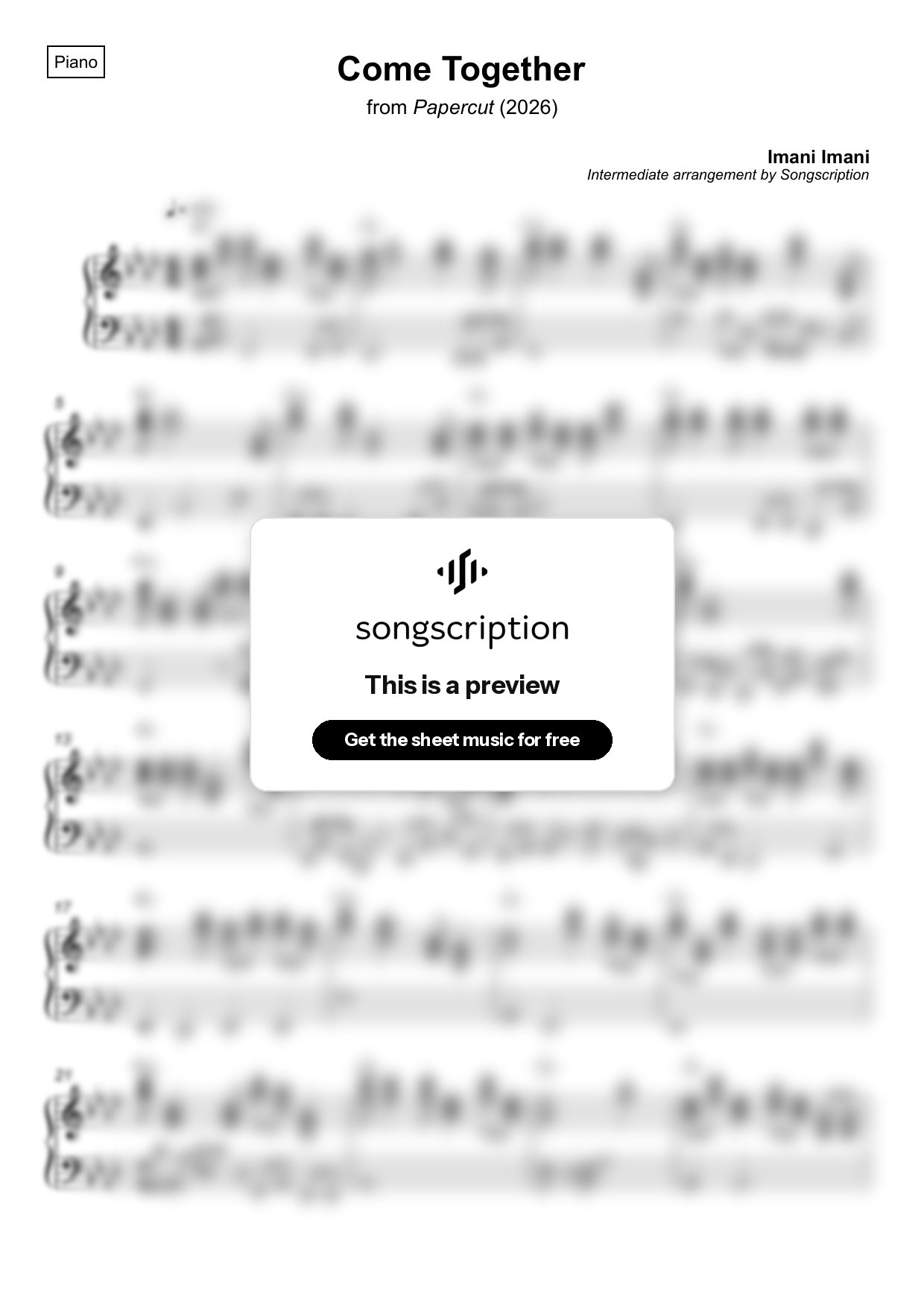 Intermediate Piano Sheet Music for "Come Together" by Imani Imani