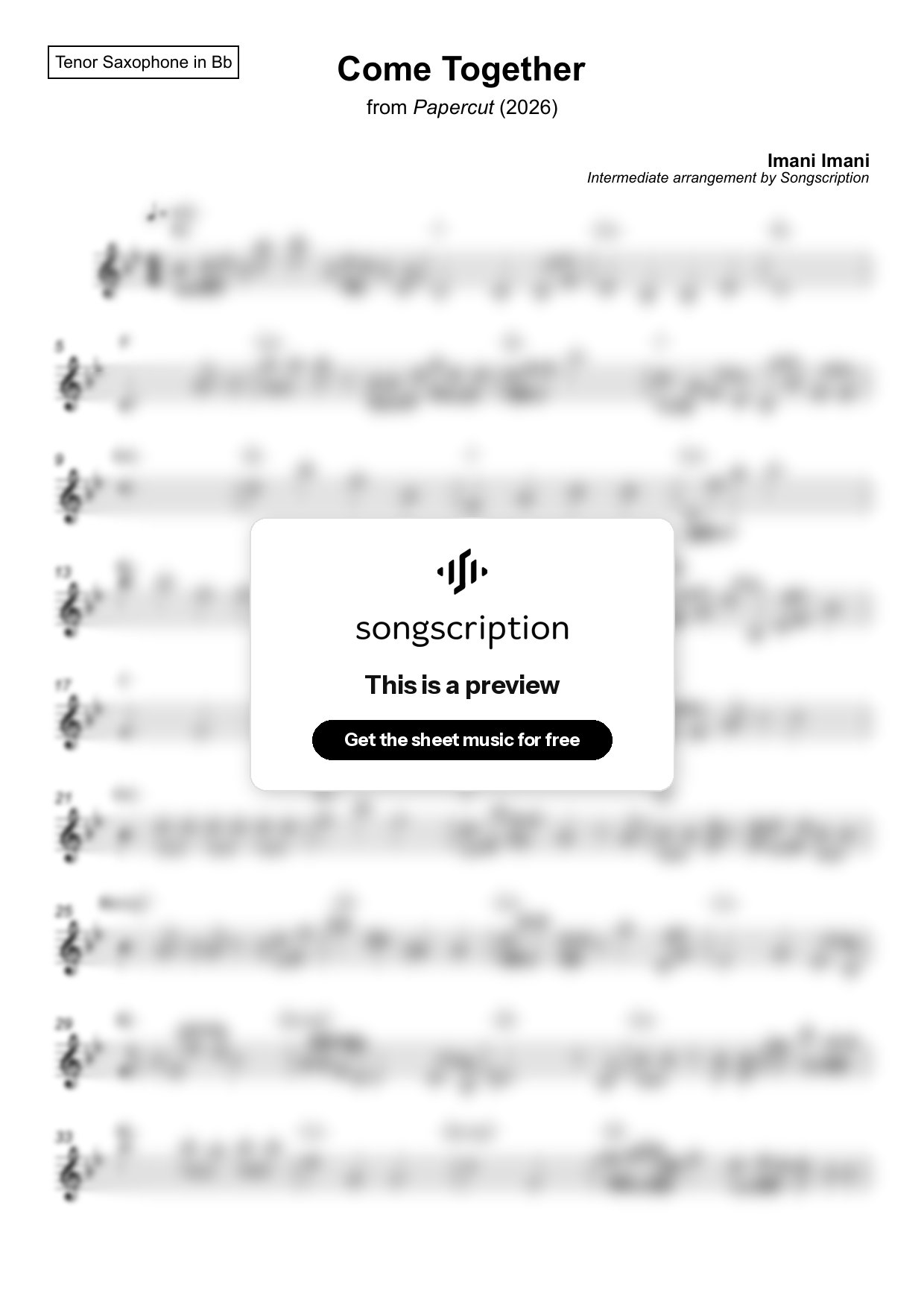 Intermediate Tenor Sax Sheet Music for "Come Together" by Imani Imani