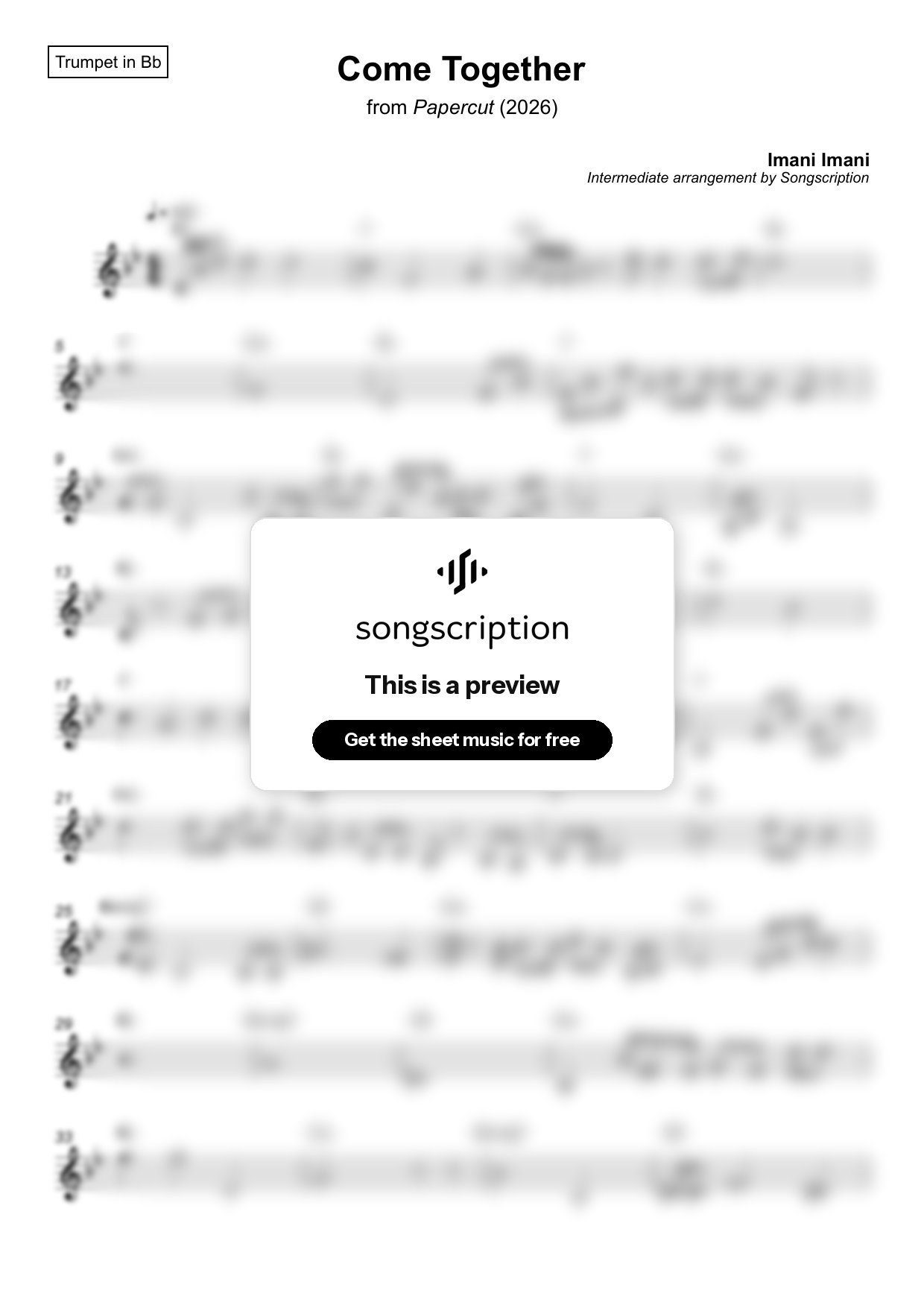 Intermediate Trumpet Sheet Music for "Come Together" by Imani Imani