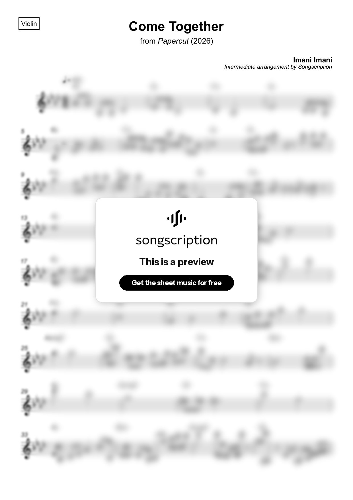 Intermediate Violin Sheet Music for "Come Together" by Imani Imani