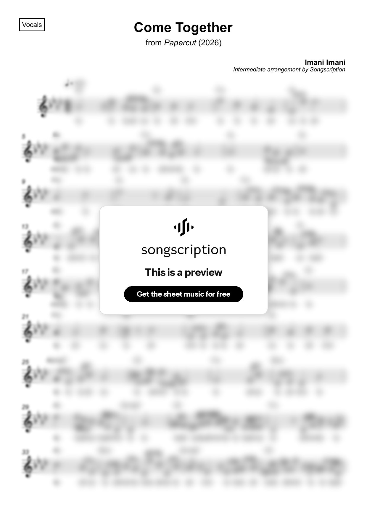 Intermediate Vocals Sheet Music for "Come Together" by Imani Imani