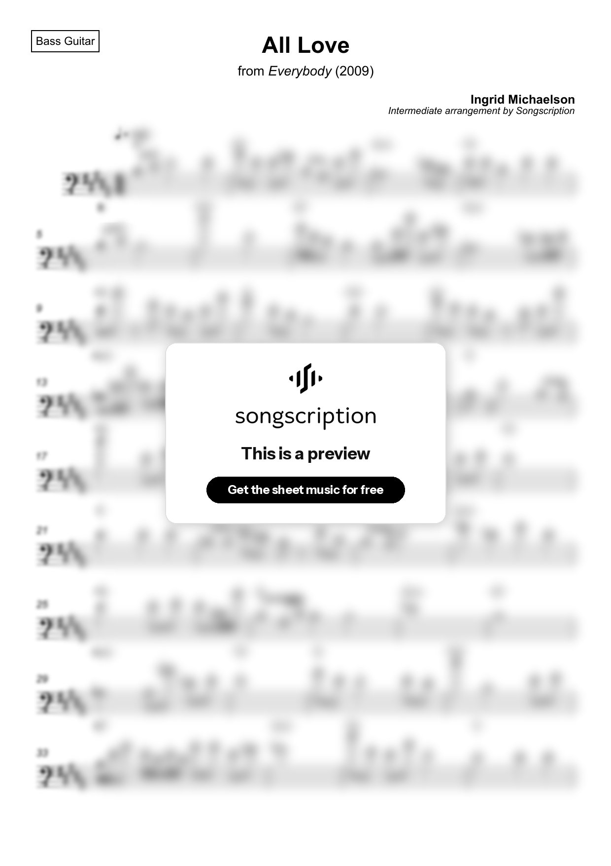 Intermediate Bass Guitar Sheet Music for "All Love" by Ingrid Michaelson