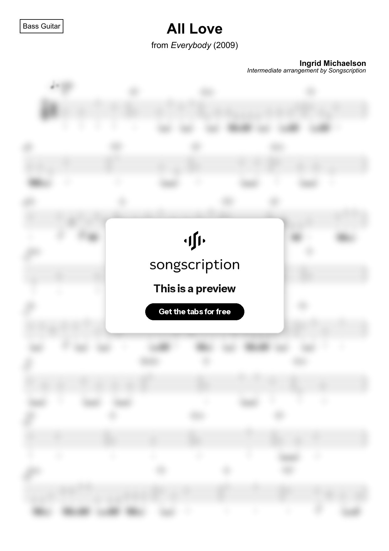Intermediate Bass Guitar Tabs for "All Love" by Ingrid Michaelson