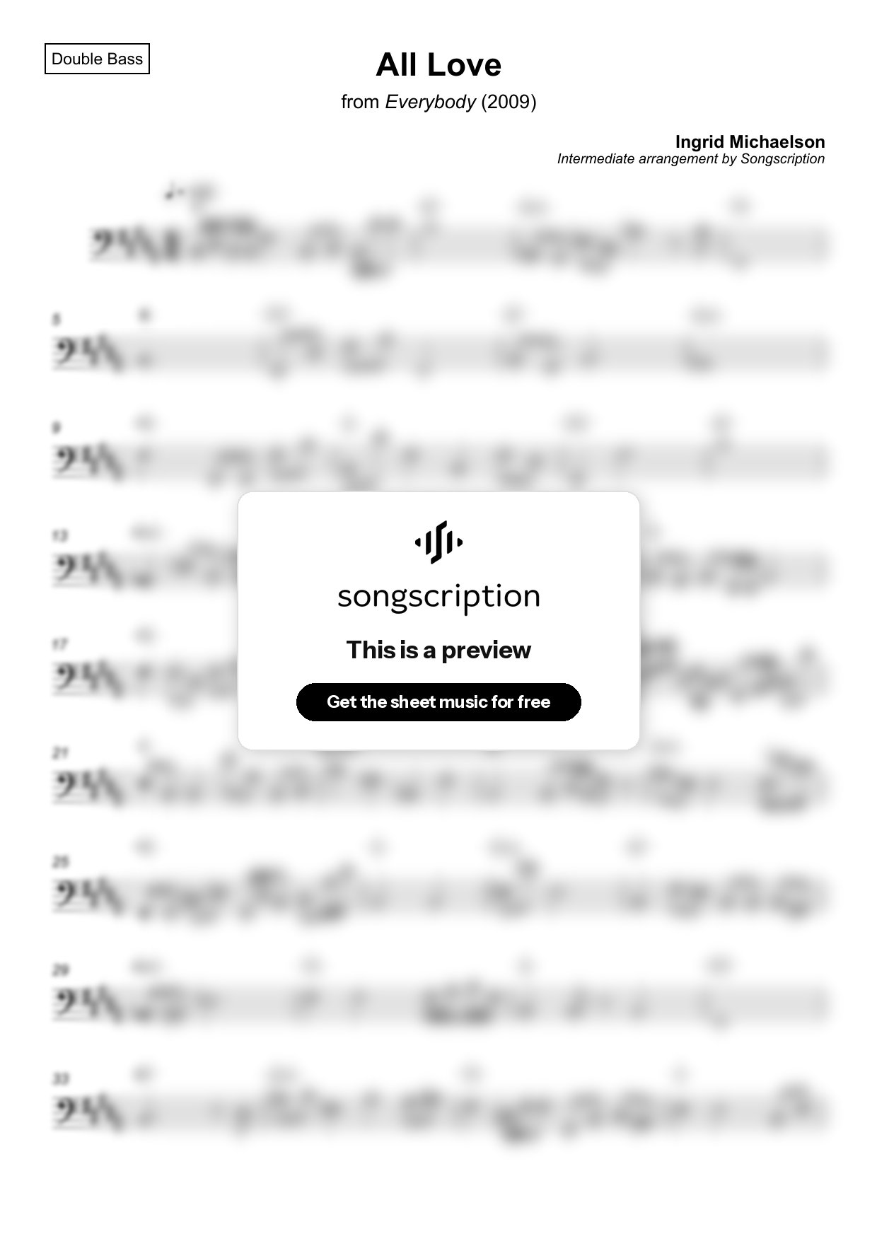 Intermediate Double Bass Sheet Music for "All Love" by Ingrid Michaelson