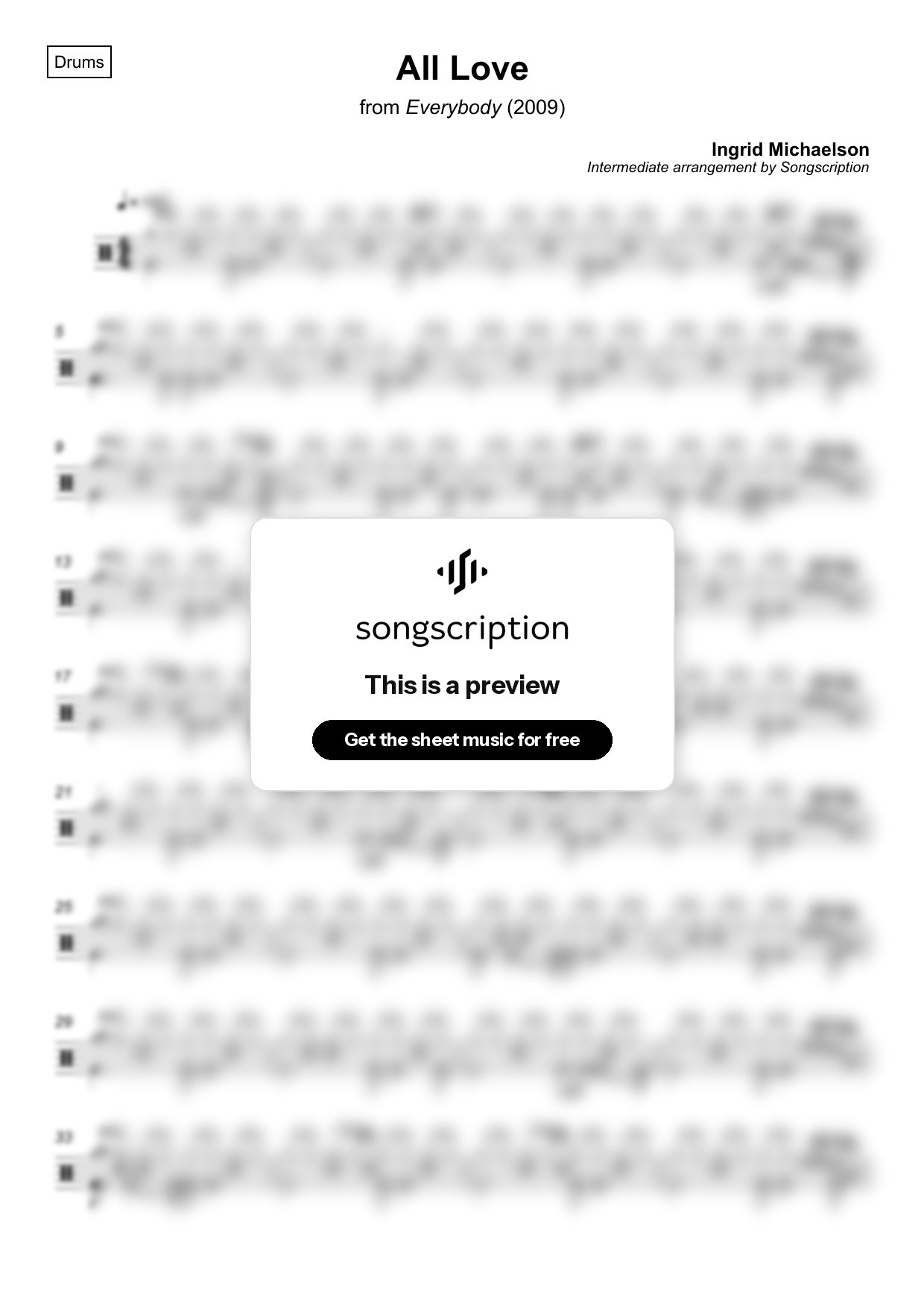 Intermediate Drums Sheet Music for "All Love" by Ingrid Michaelson