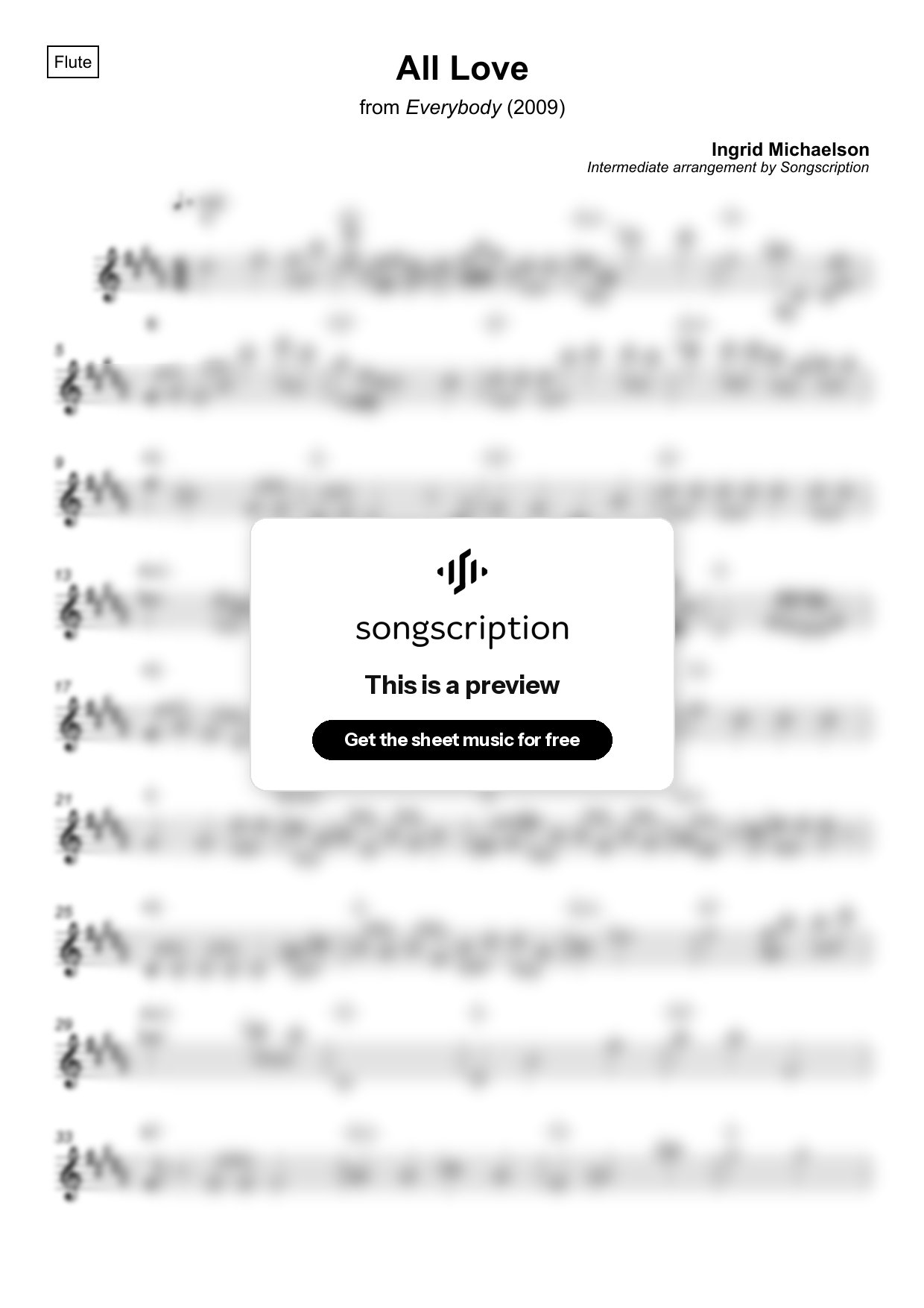 Intermediate Flute Sheet Music for "All Love" by Ingrid Michaelson