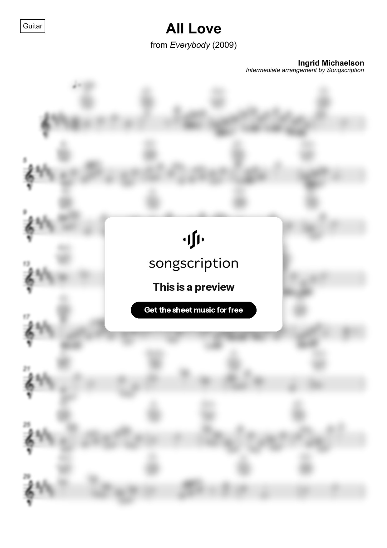 Intermediate Acoustic Guitar Sheet Music for "All Love" by Ingrid Michaelson