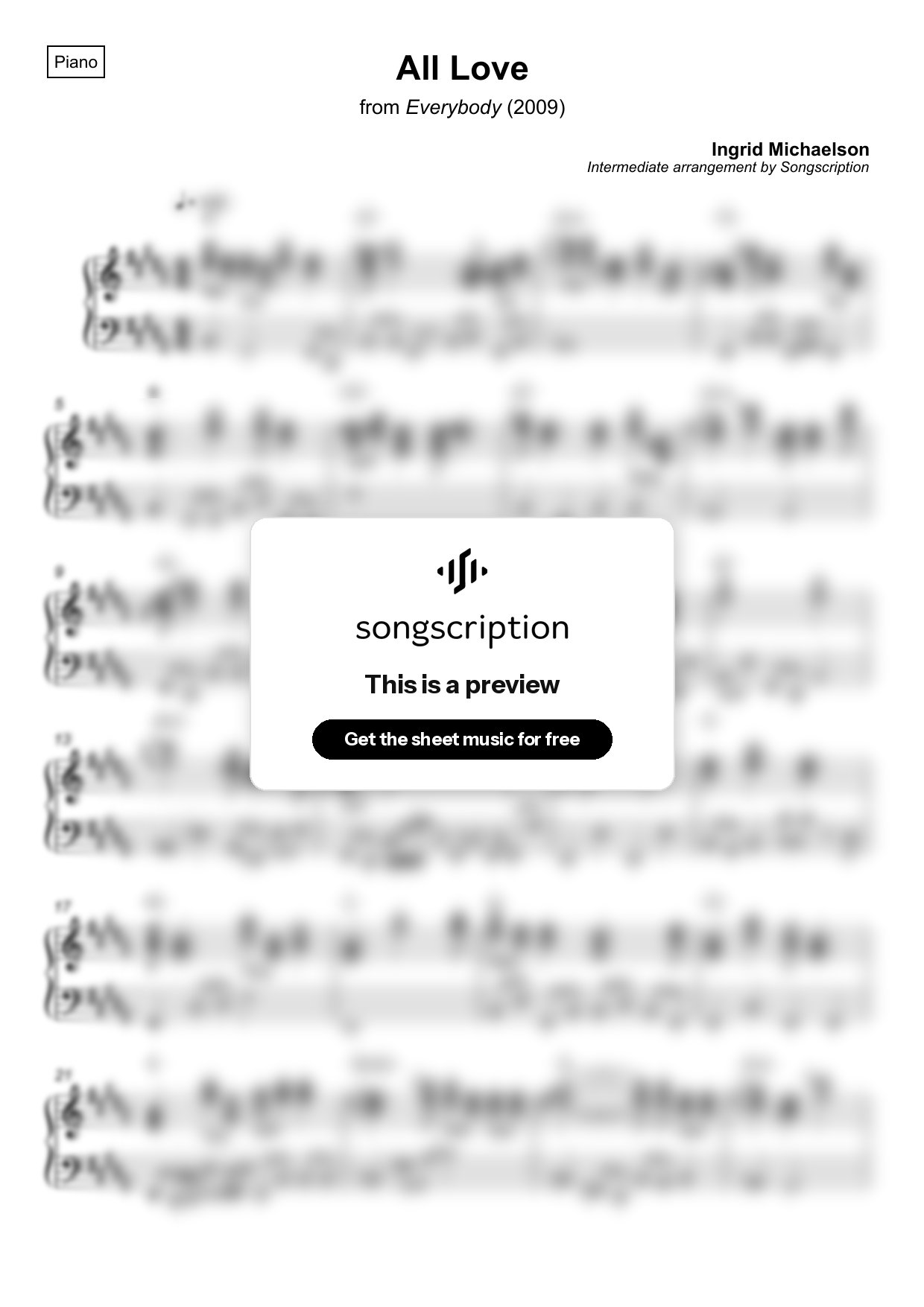 Intermediate Piano Sheet Music for "All Love" by Ingrid Michaelson