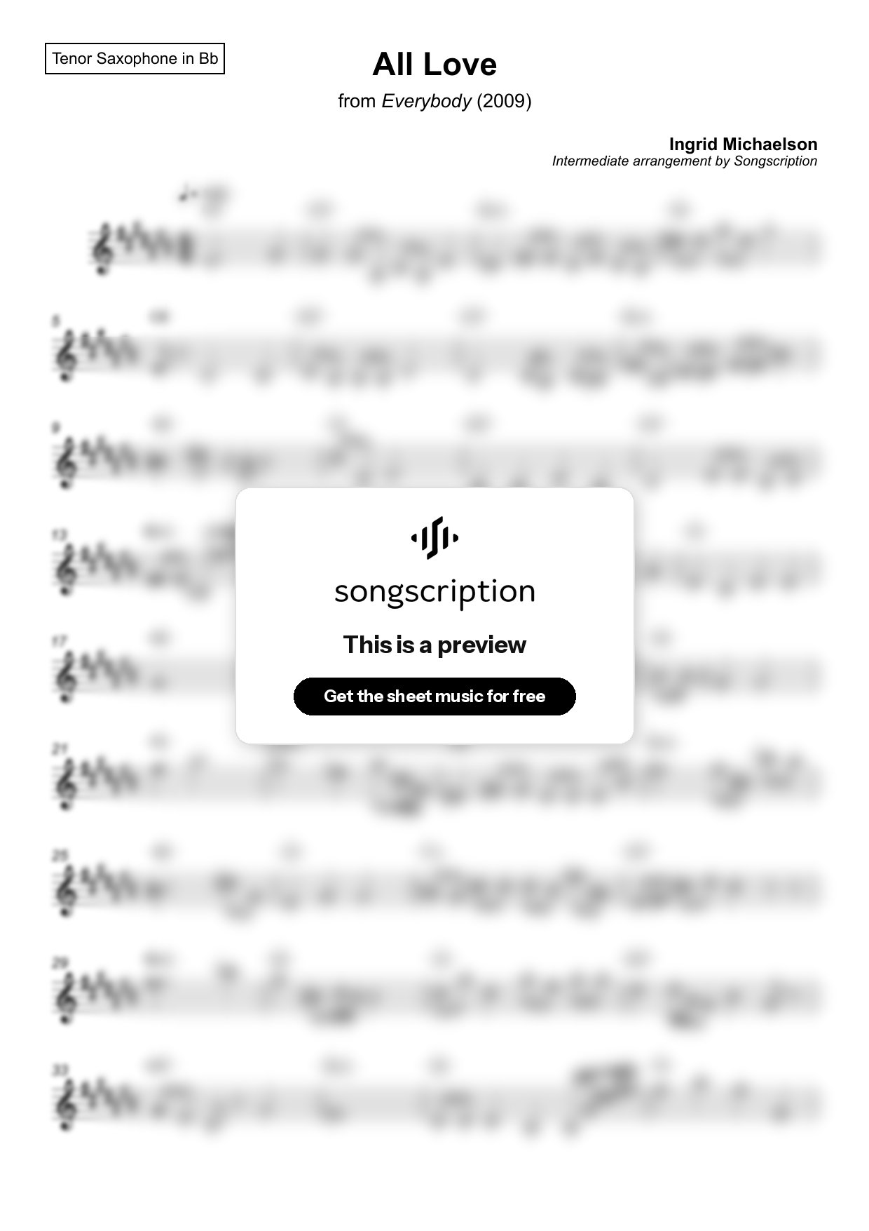 Intermediate Tenor Sax Sheet Music for "All Love" by Ingrid Michaelson