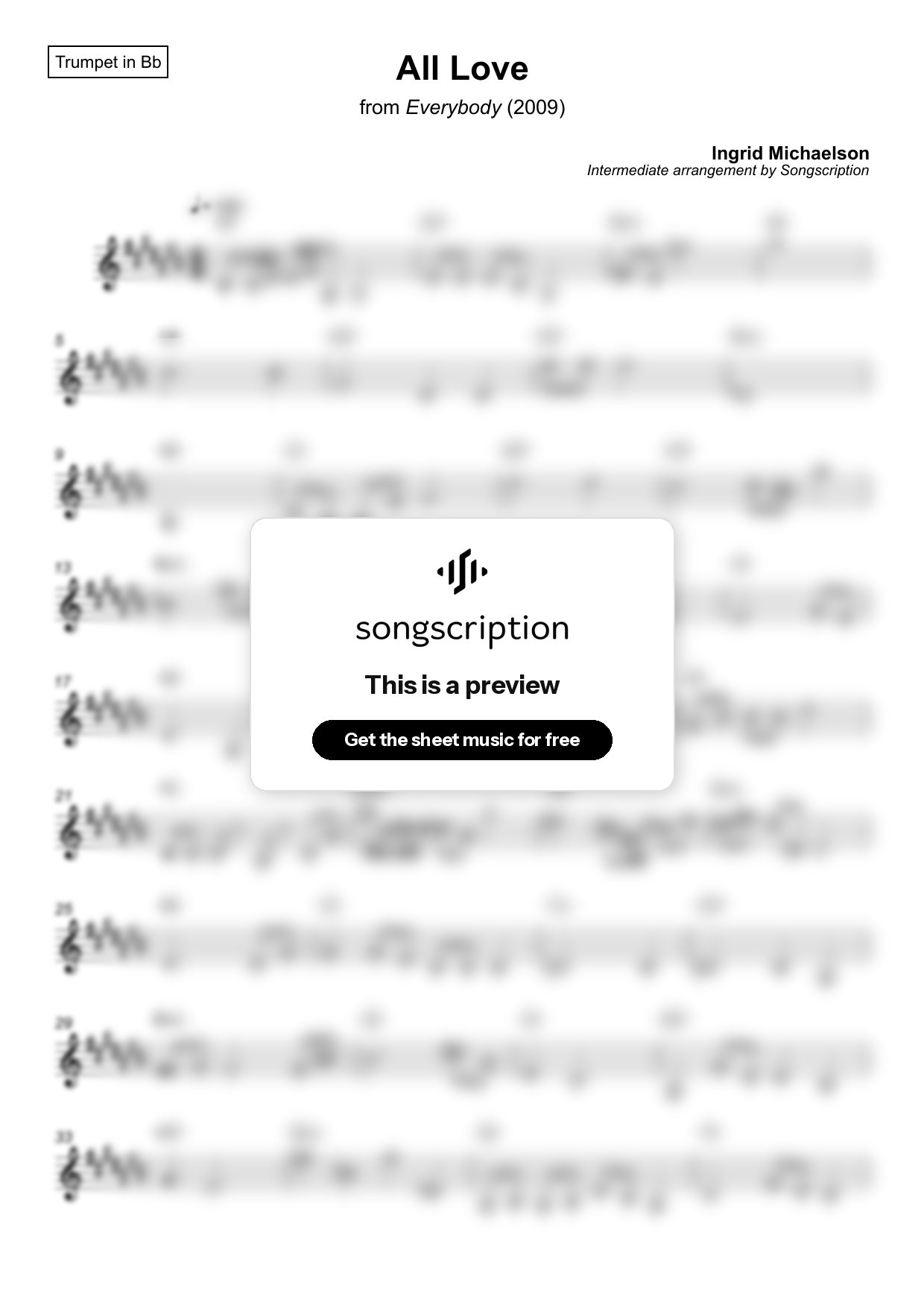 Intermediate Trumpet Sheet Music for "All Love" by Ingrid Michaelson