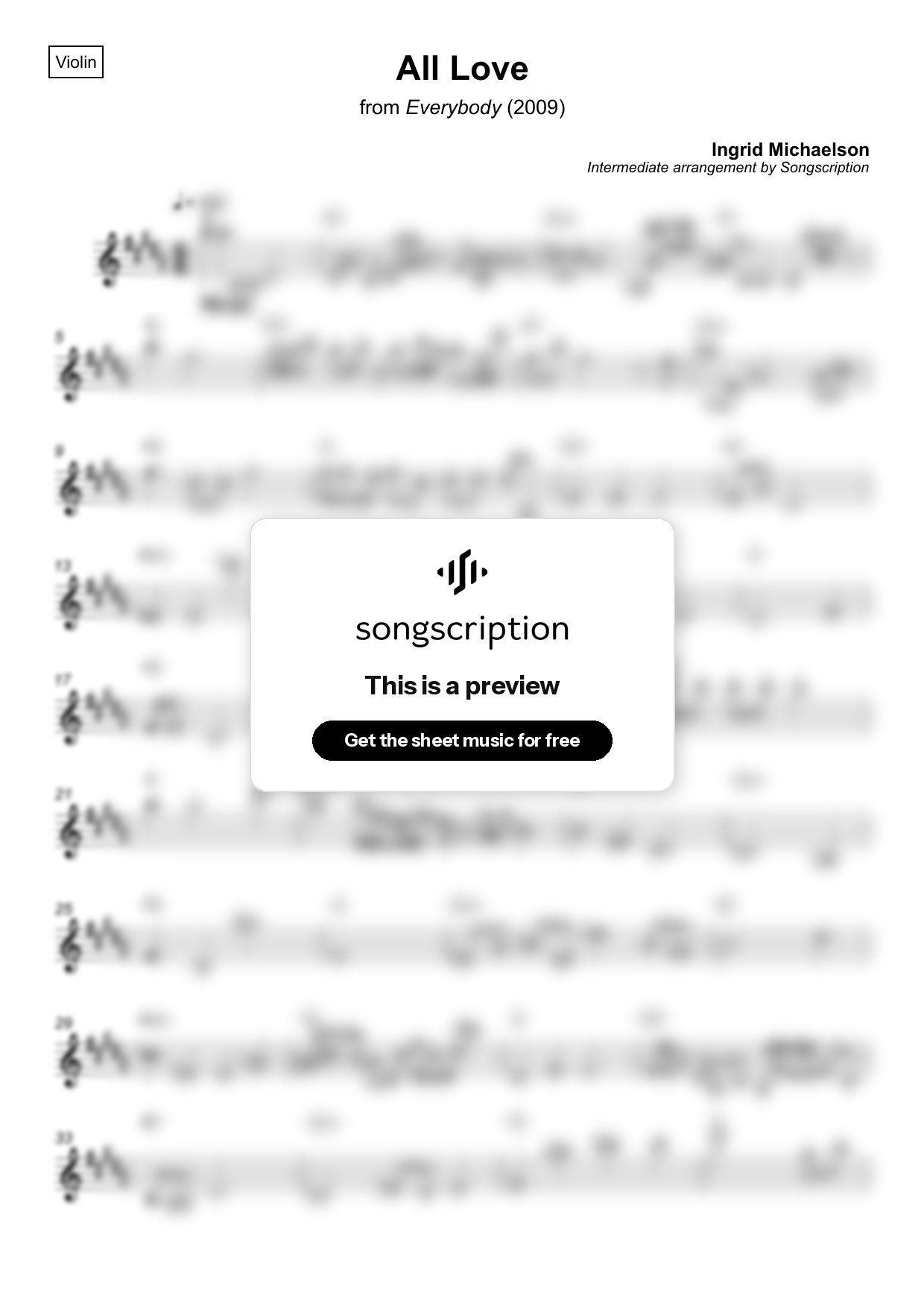 Intermediate Violin Sheet Music for "All Love" by Ingrid Michaelson