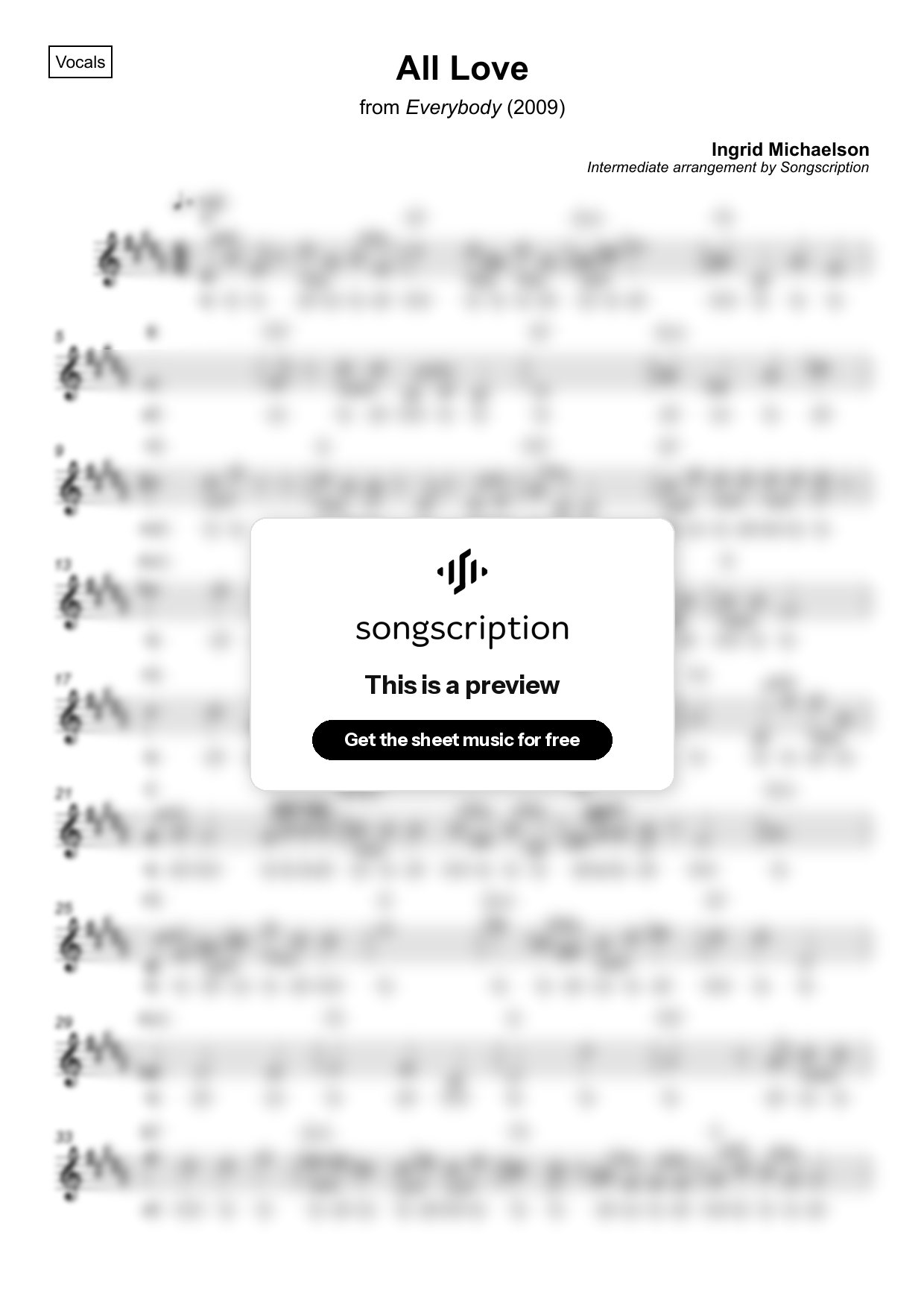 Intermediate Vocals Sheet Music for "All Love" by Ingrid Michaelson