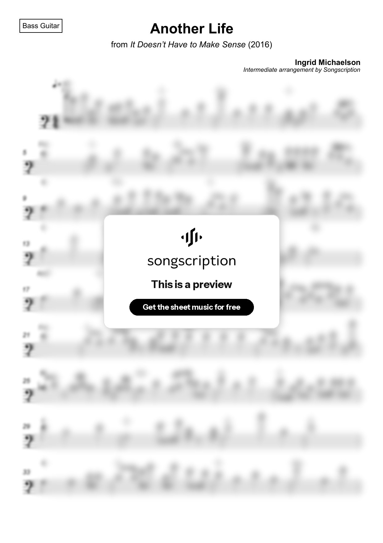 Intermediate Bass Guitar Sheet Music for "Another Life" by Ingrid Michaelson