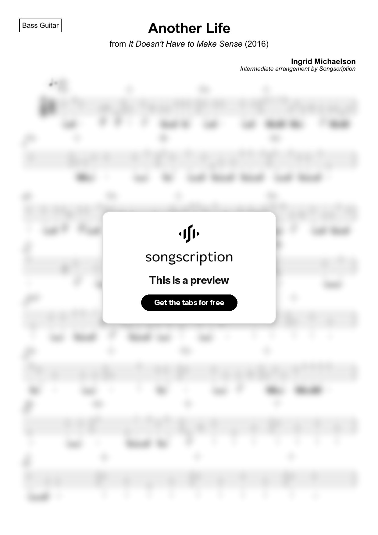 Intermediate Bass Guitar Tabs for "Another Life" by Ingrid Michaelson