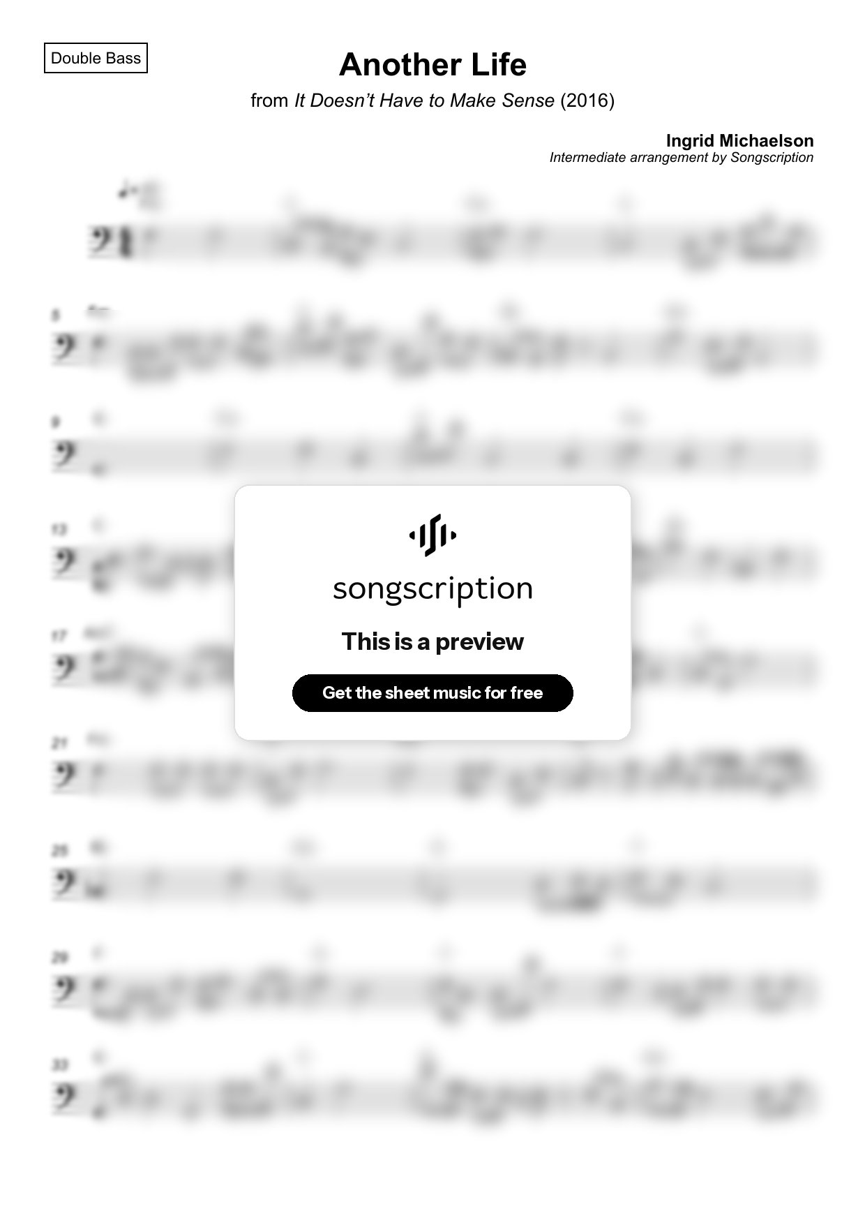 Intermediate Double Bass Sheet Music for "Another Life" by Ingrid Michaelson