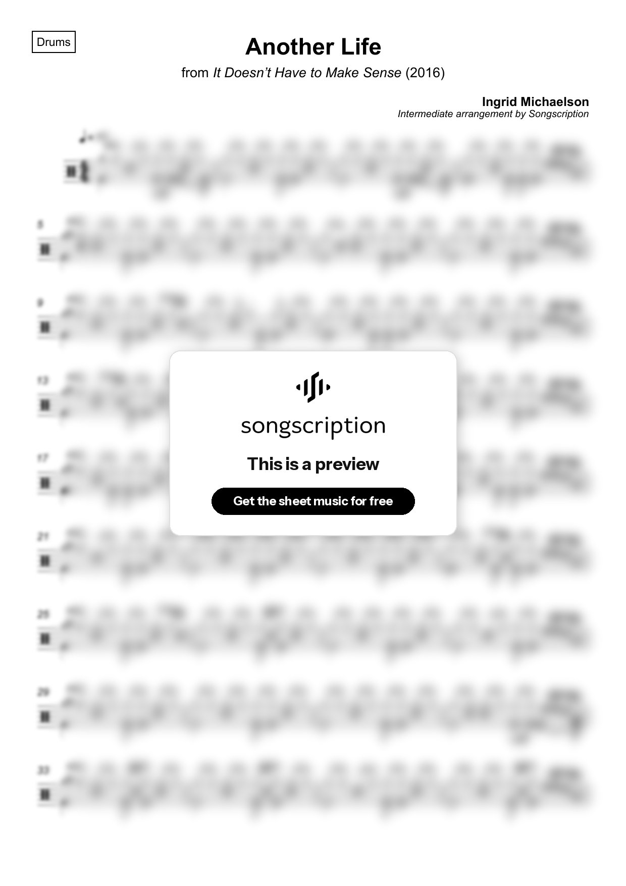 Intermediate Drums Sheet Music for "Another Life" by Ingrid Michaelson