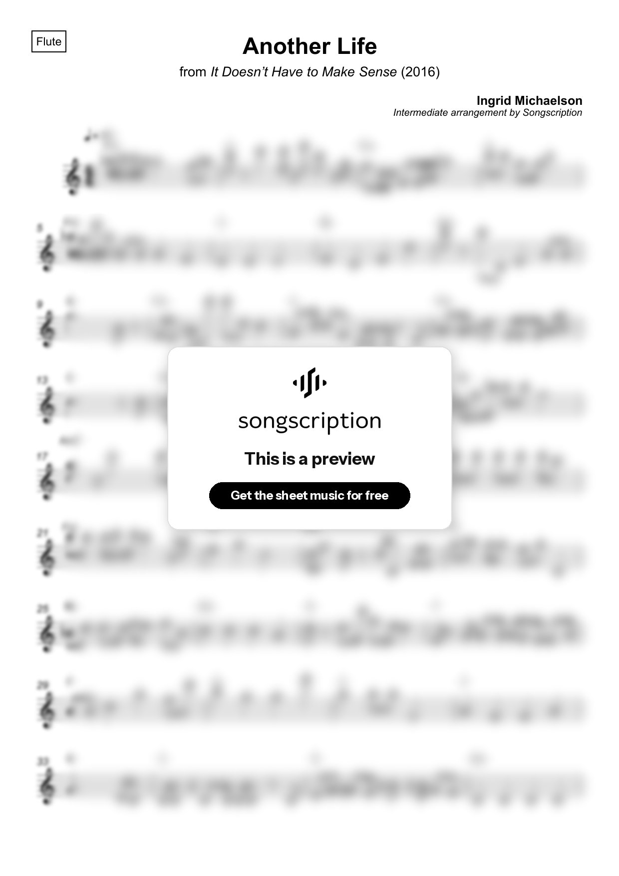 Intermediate Flute Sheet Music for "Another Life" by Ingrid Michaelson