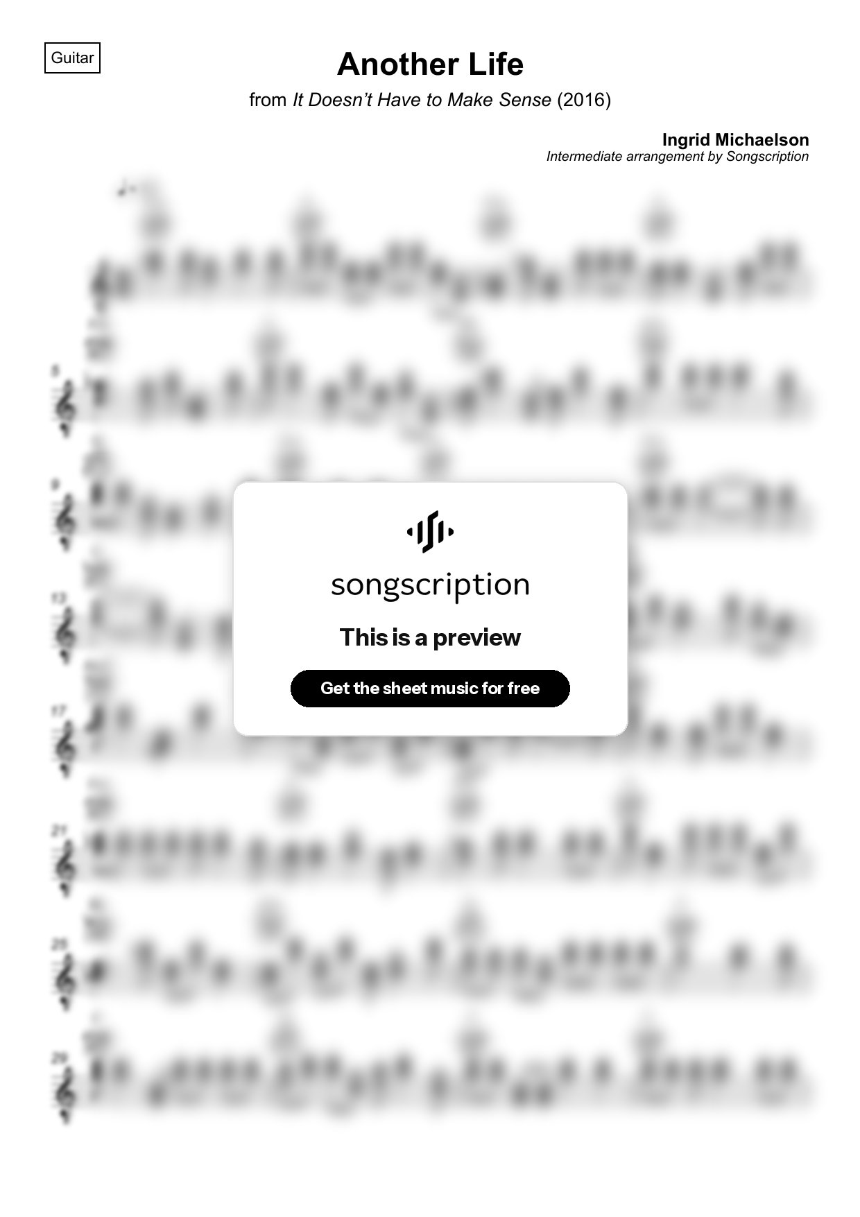 Intermediate Acoustic Guitar Sheet Music for "Another Life" by Ingrid Michaelson