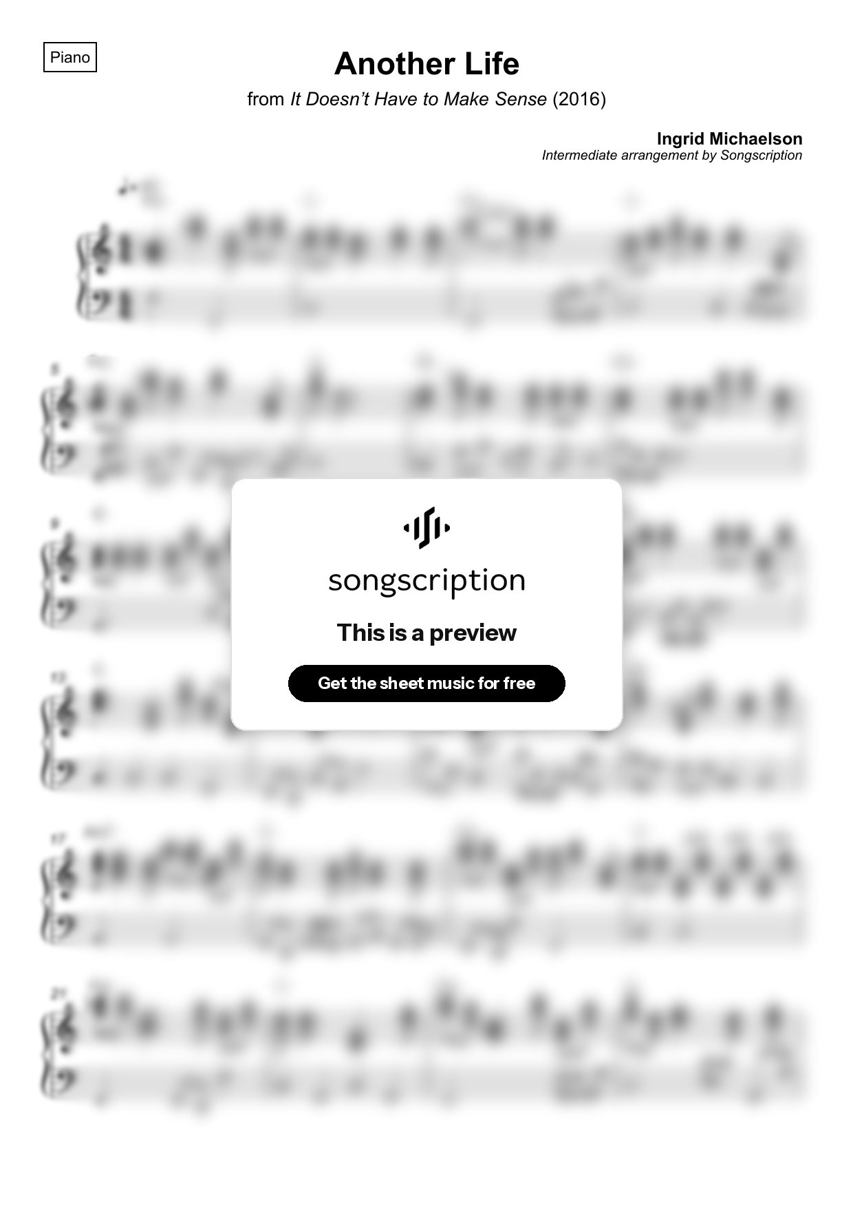 Intermediate Piano Sheet Music for "Another Life" by Ingrid Michaelson