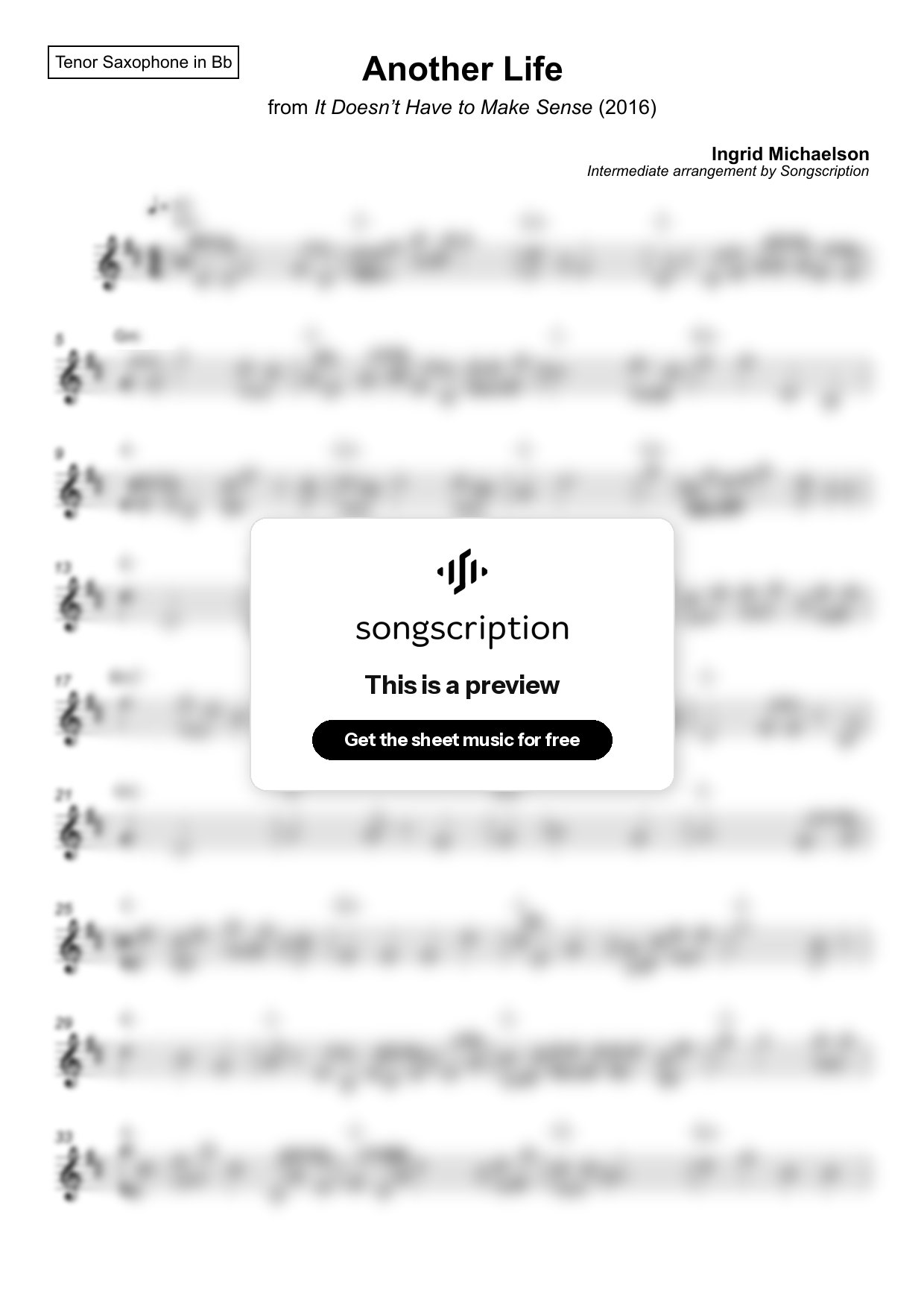 Intermediate Tenor Sax Sheet Music for "Another Life" by Ingrid Michaelson