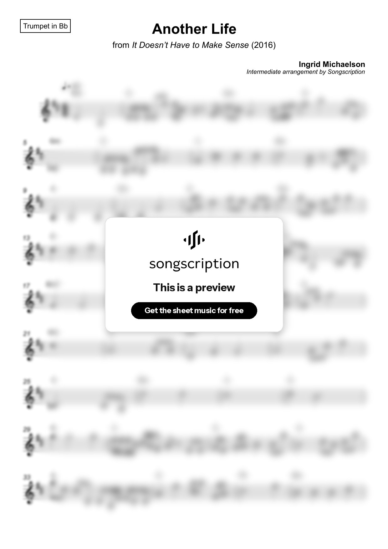 Intermediate Trumpet Sheet Music for "Another Life" by Ingrid Michaelson