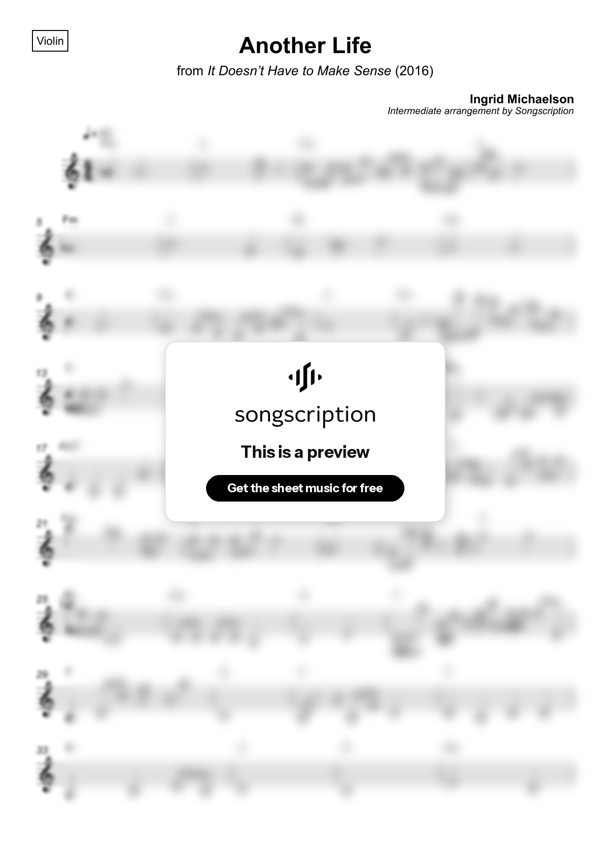 Intermediate Violin Sheet Music for "Another Life" by Ingrid Michaelson