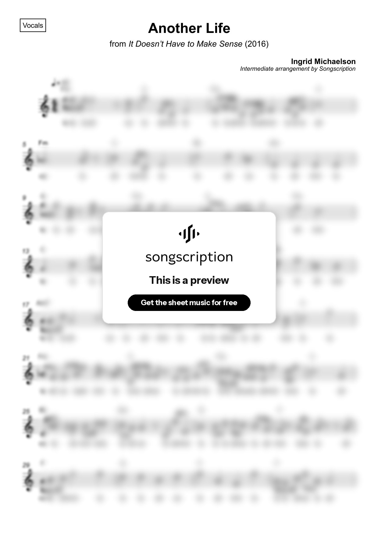 Intermediate Vocals Sheet Music for "Another Life" by Ingrid Michaelson