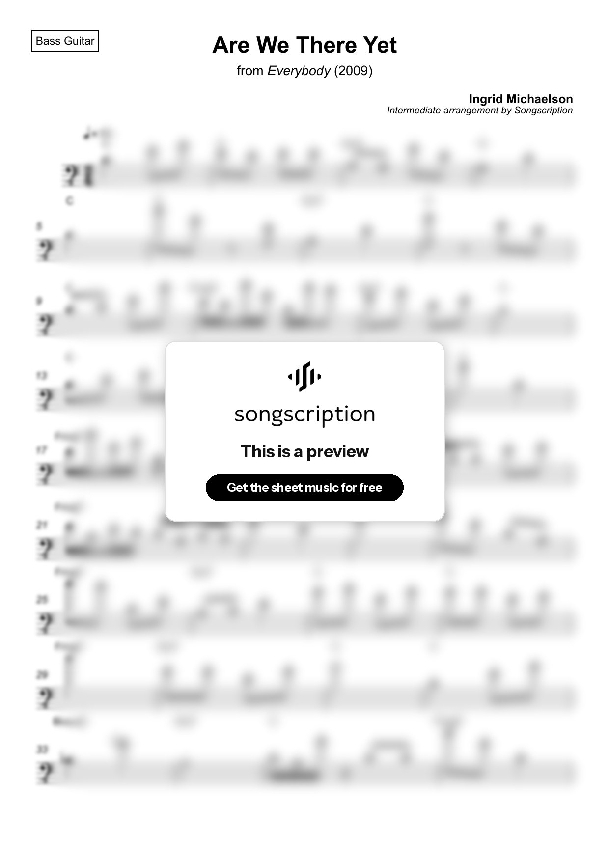 Intermediate Bass Guitar Sheet Music for "Are We There Yet" by Ingrid Michaelson