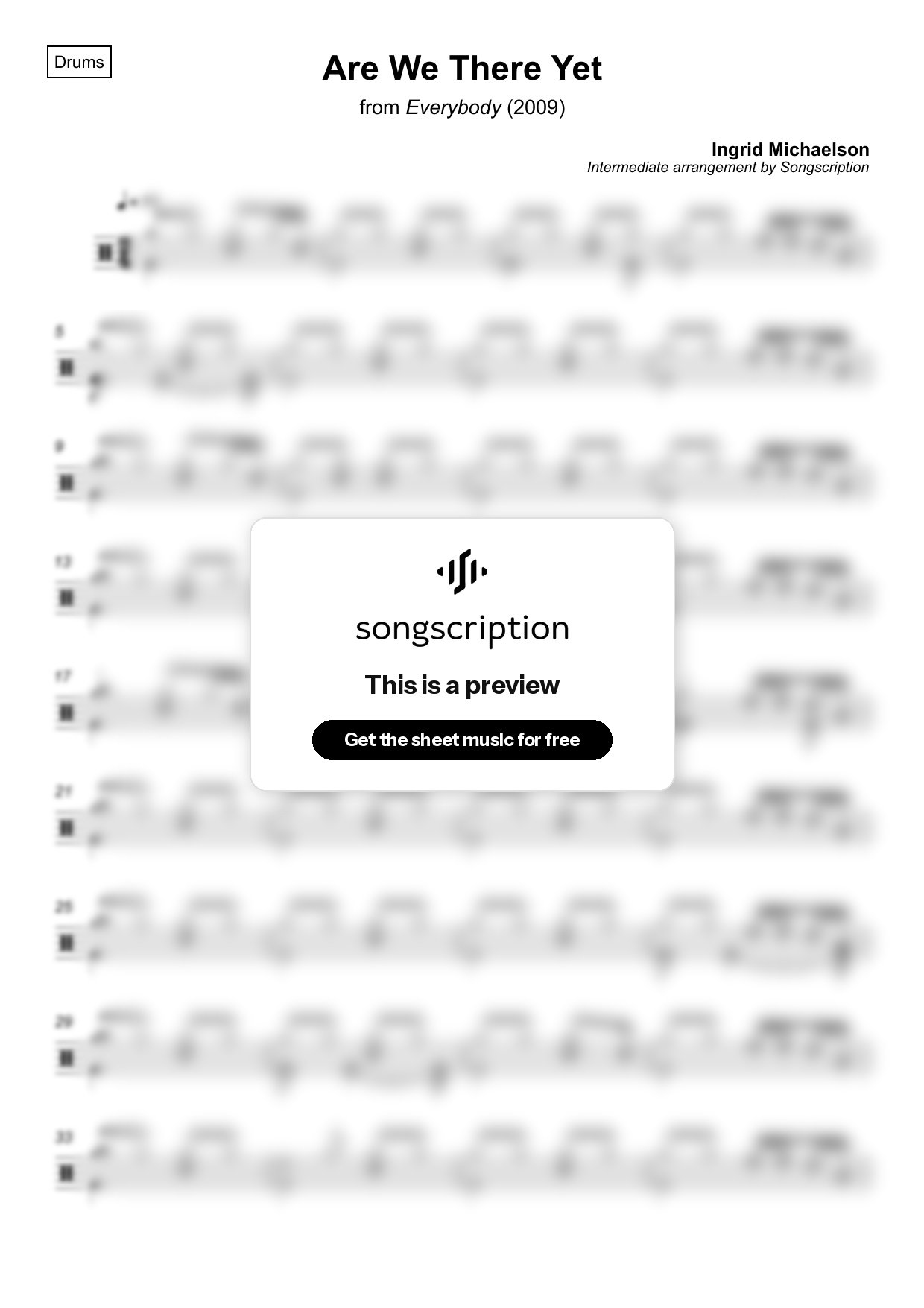 Intermediate Drums Sheet Music for "Are We There Yet" by Ingrid Michaelson