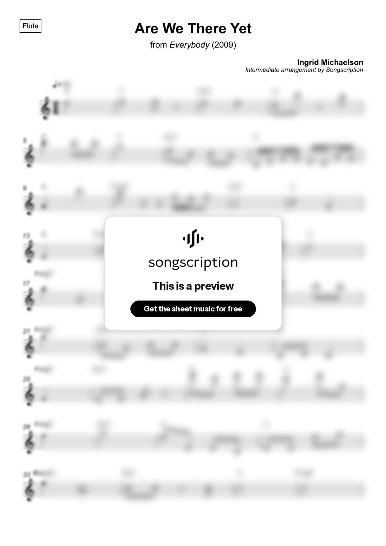 Intermediate Flute Sheet Music for "Are We There Yet" by Ingrid Michaelson