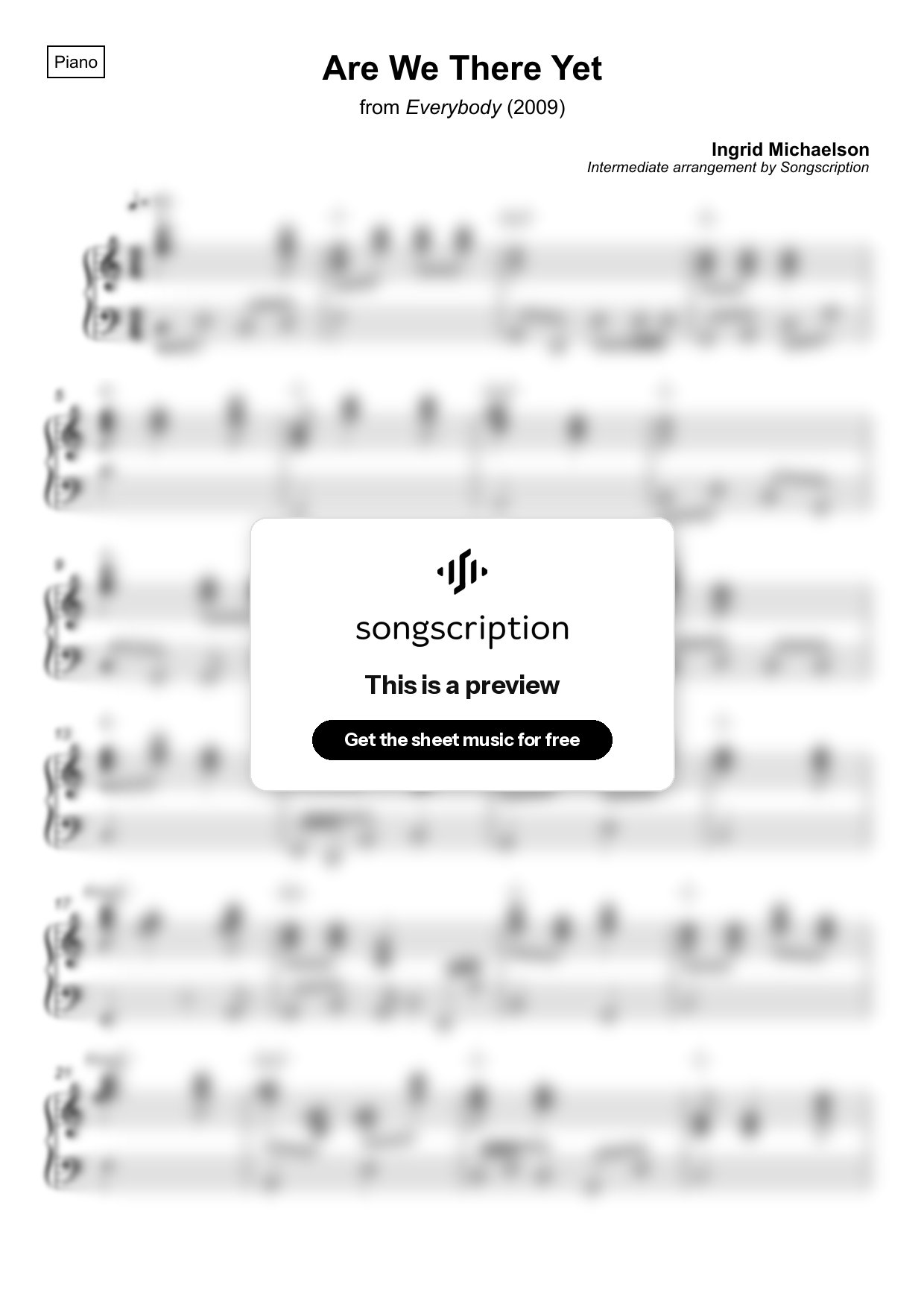 Intermediate Piano Sheet Music for "Are We There Yet" by Ingrid Michaelson