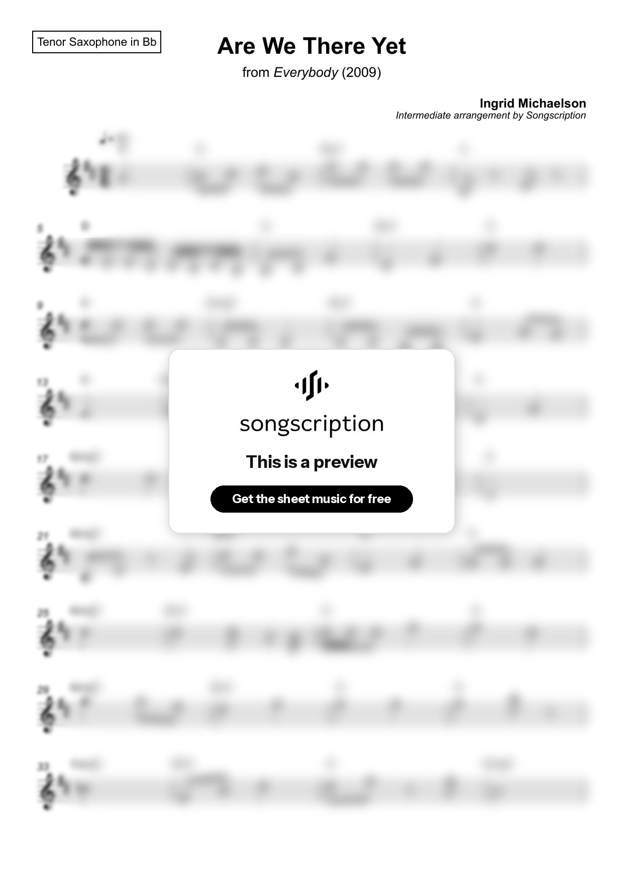 Intermediate Tenor Sax Sheet Music for "Are We There Yet" by Ingrid Michaelson