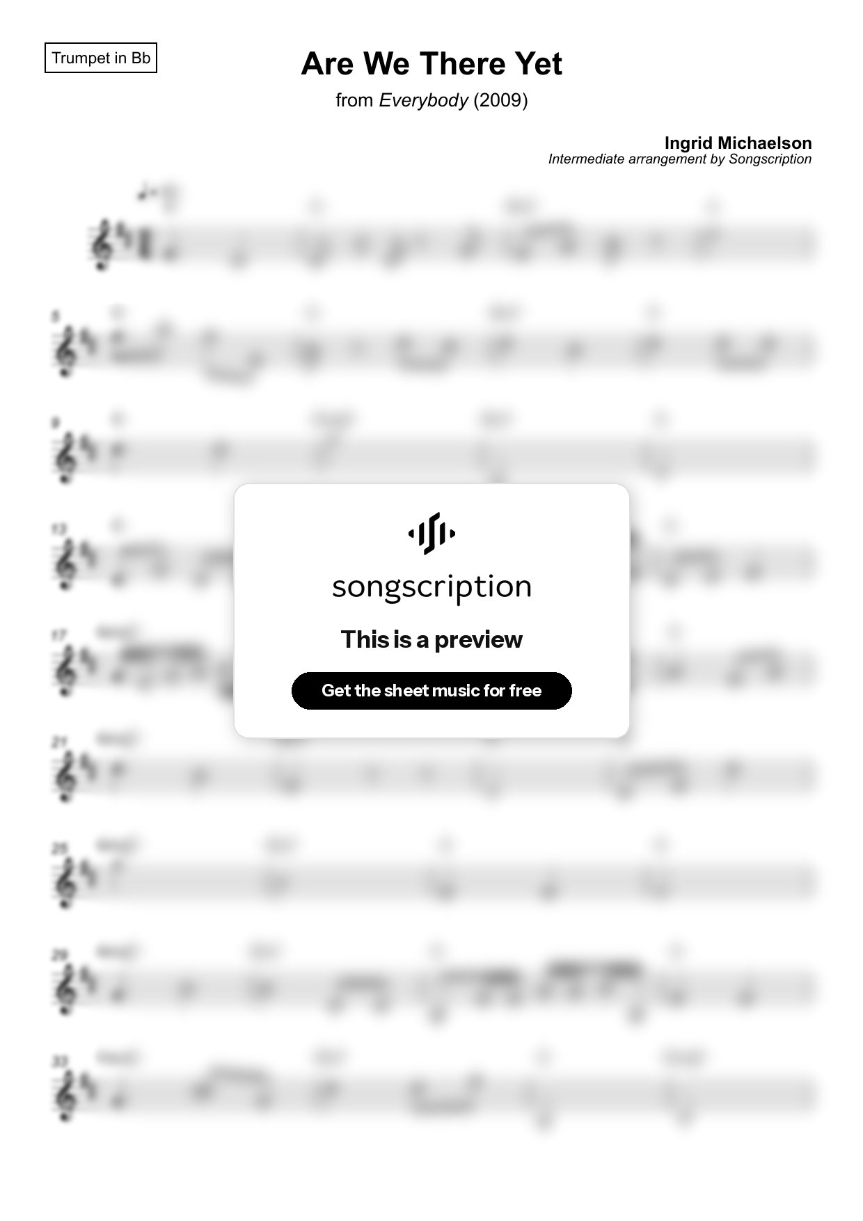 Intermediate Trumpet Sheet Music for "Are We There Yet" by Ingrid Michaelson