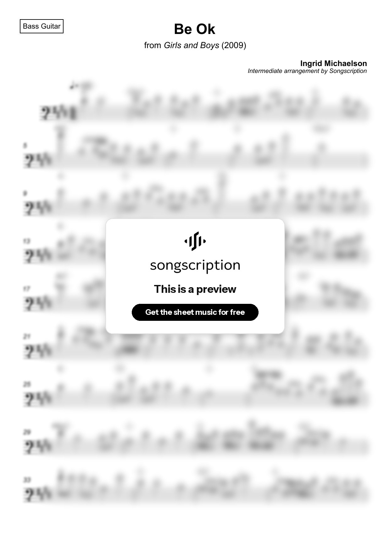 Intermediate Bass Guitar Sheet Music for "Be Ok" by Ingrid Michaelson