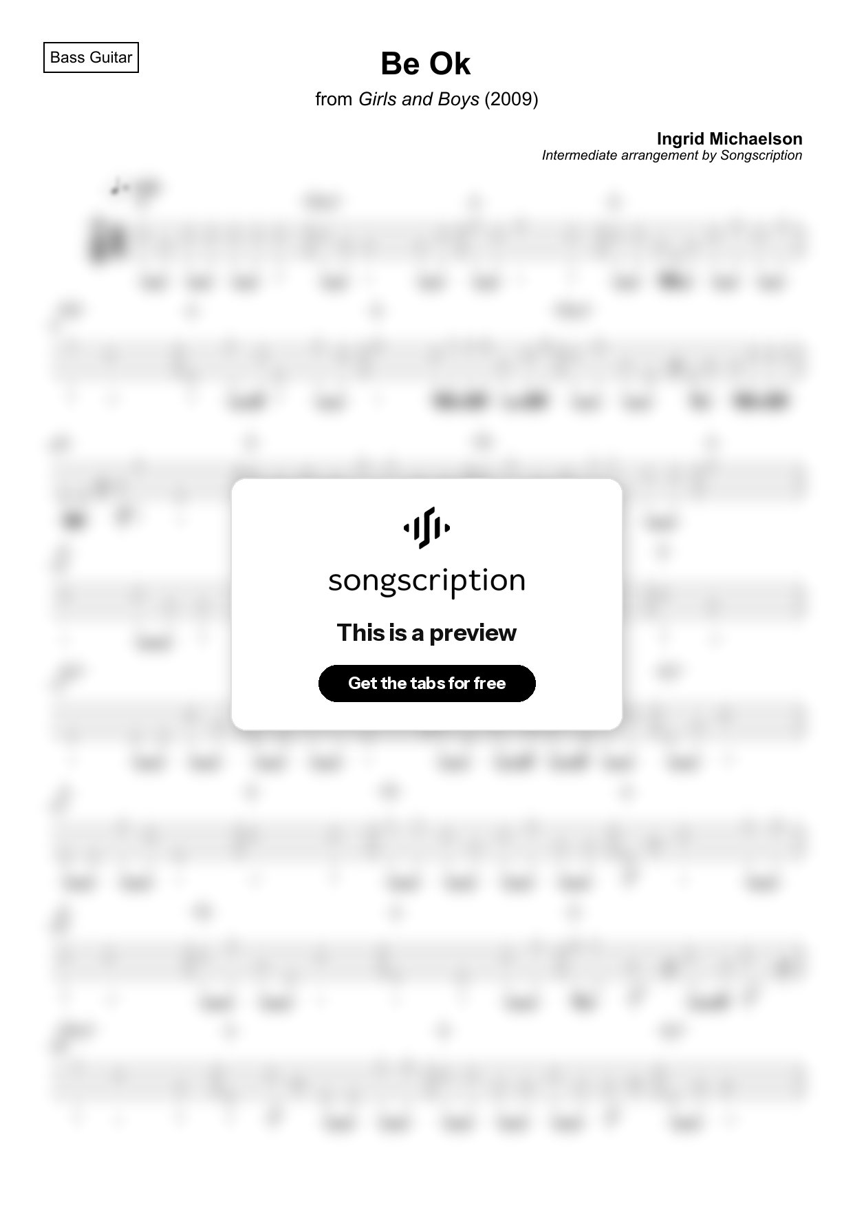 Intermediate Bass Guitar Tabs for "Be Ok" by Ingrid Michaelson