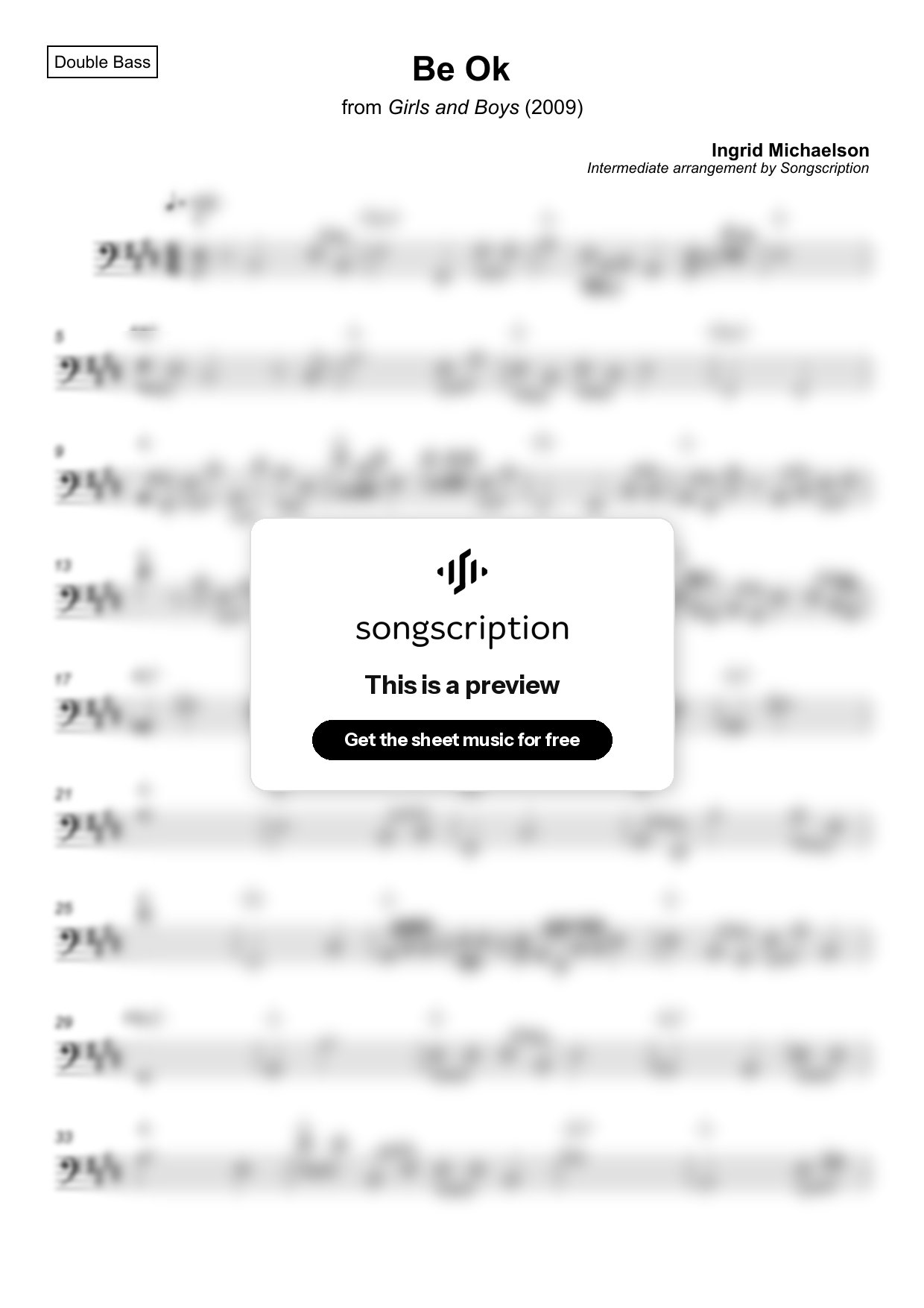 Intermediate Double Bass Sheet Music for "Be Ok" by Ingrid Michaelson