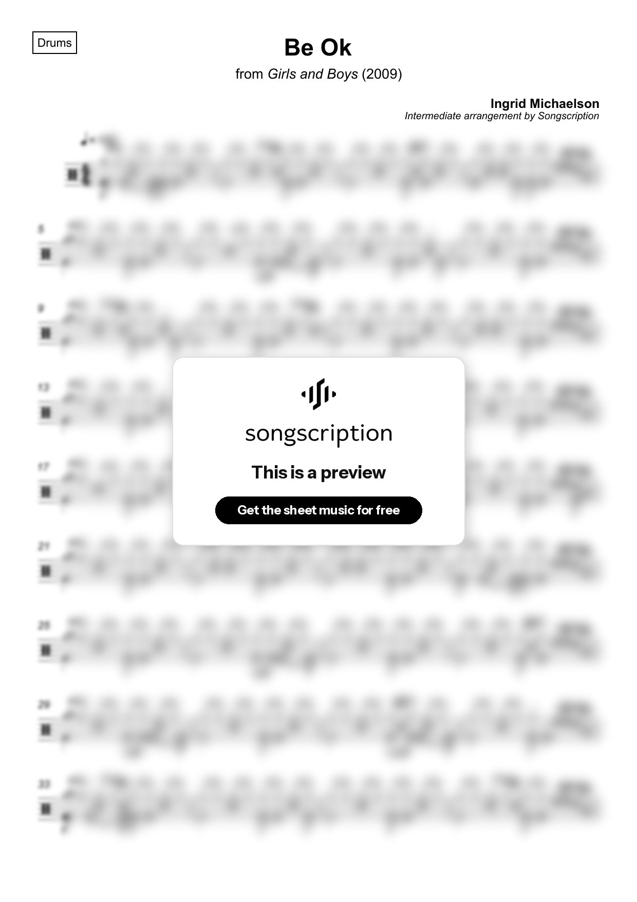 Intermediate Drums Sheet Music for "Be Ok" by Ingrid Michaelson
