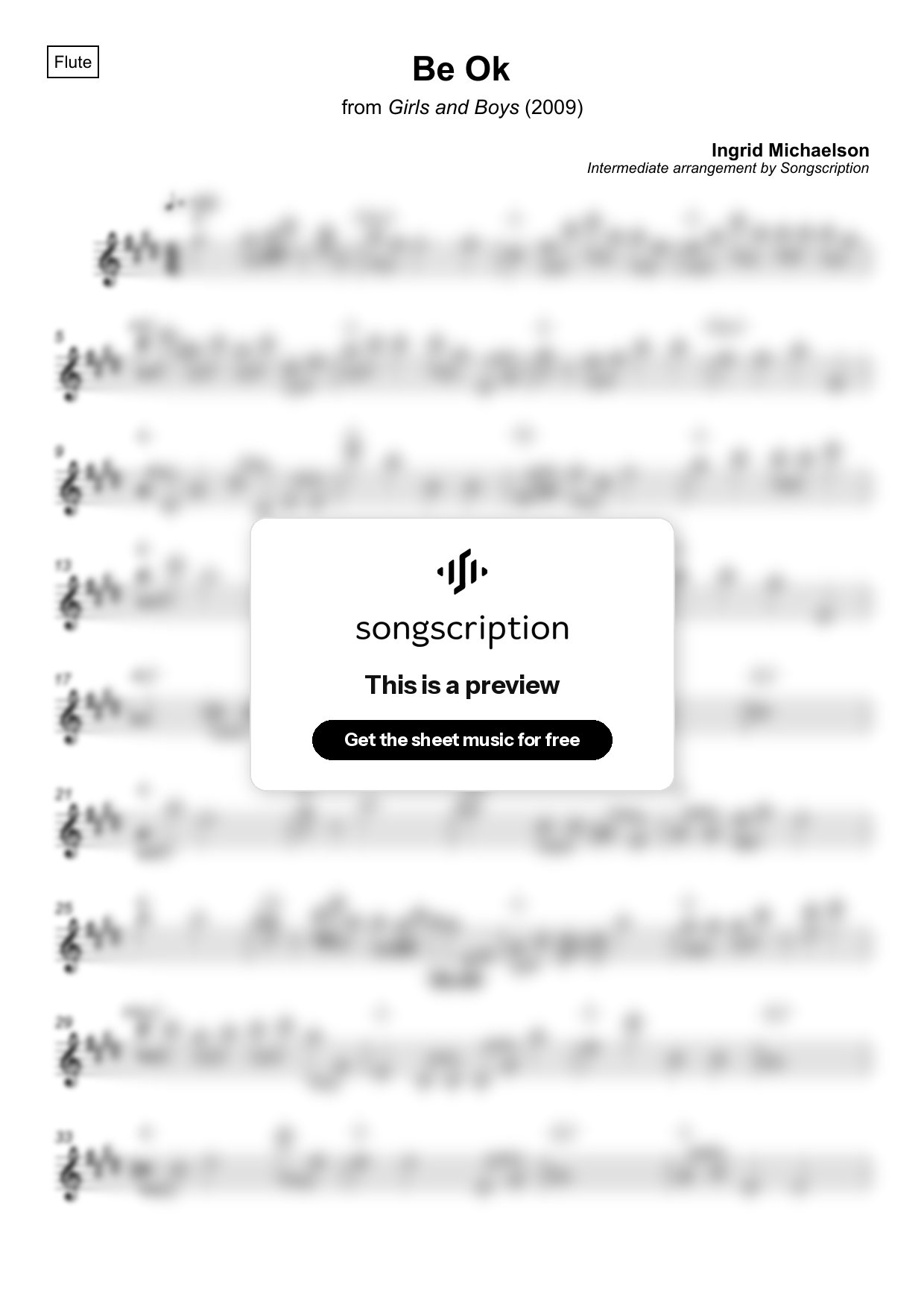 Intermediate Flute Sheet Music for "Be Ok" by Ingrid Michaelson