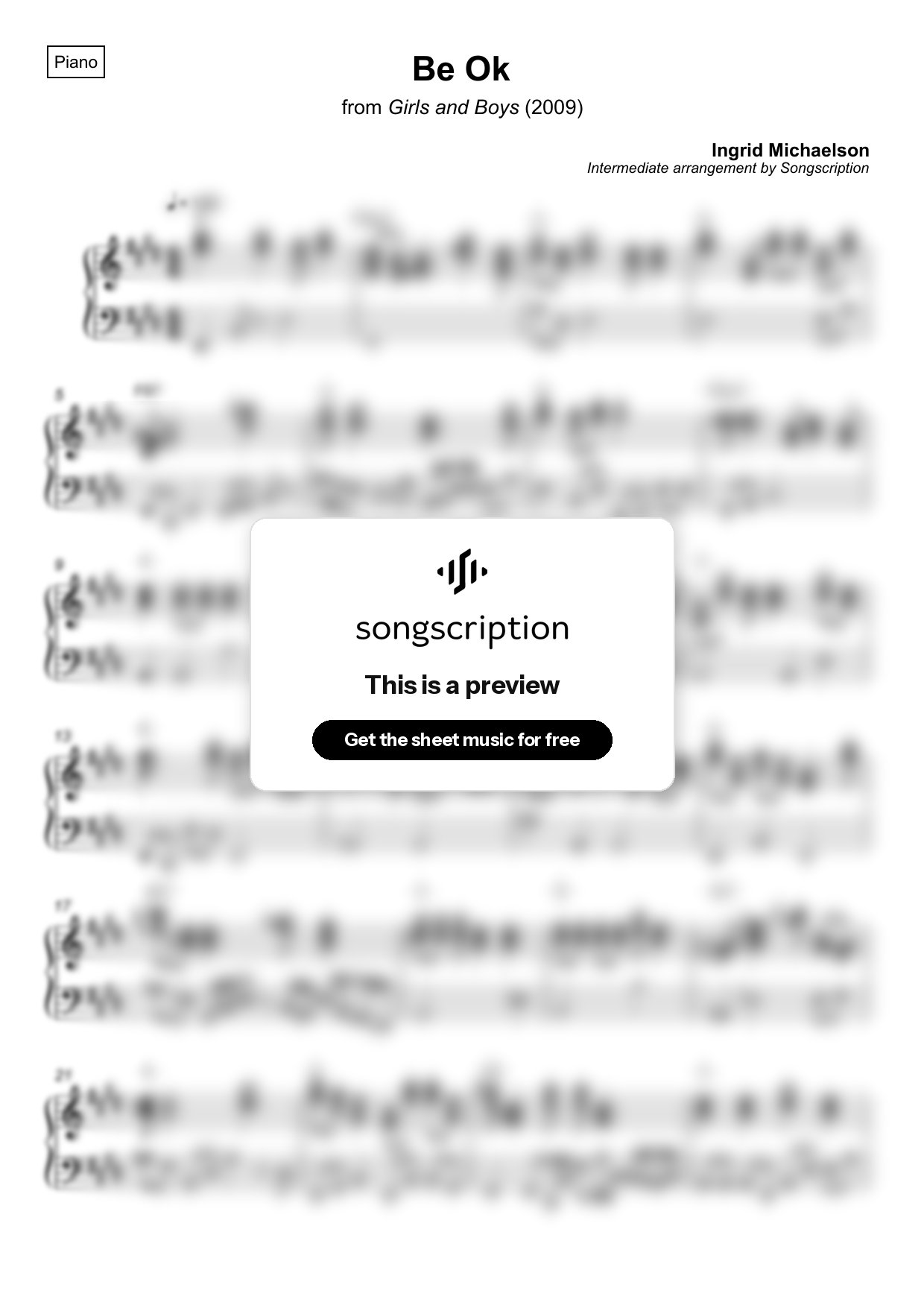 Intermediate Piano Sheet Music for "Be Ok" by Ingrid Michaelson