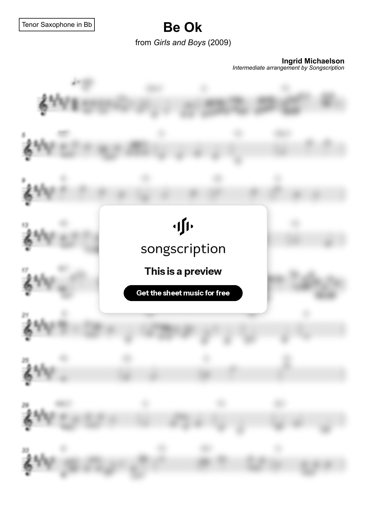 Intermediate Tenor Sax Sheet Music for "Be Ok" by Ingrid Michaelson