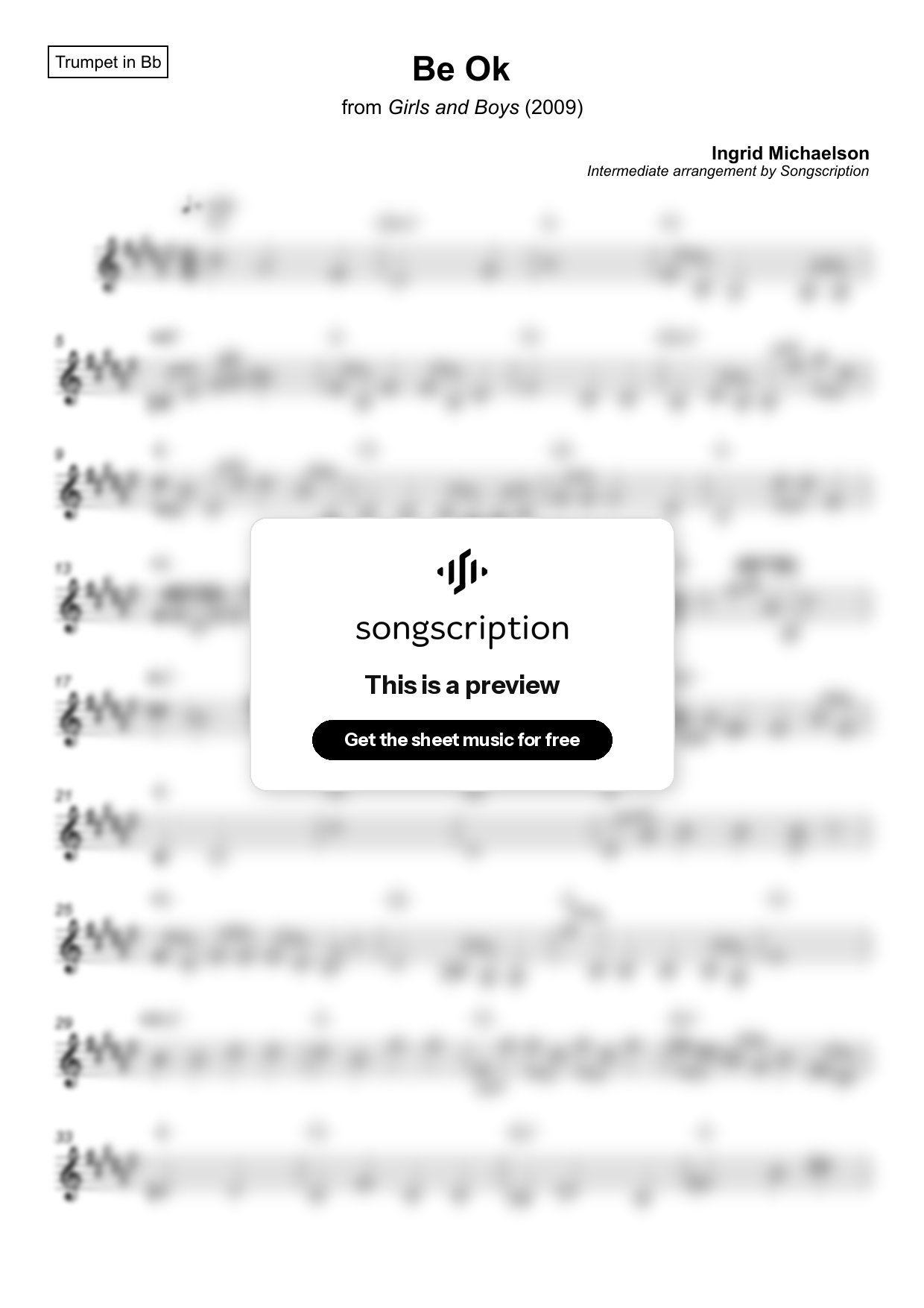 Intermediate Trumpet Sheet Music for "Be Ok" by Ingrid Michaelson